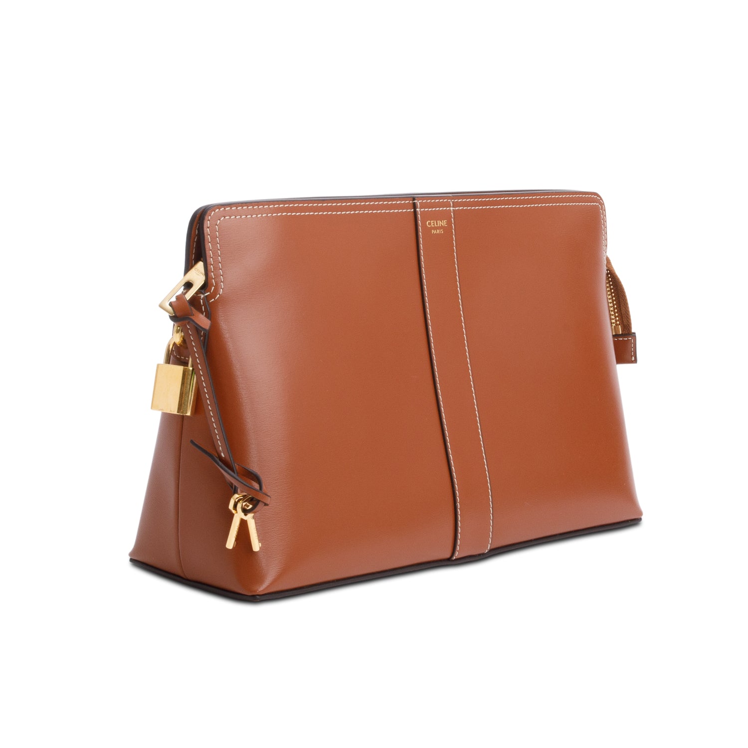 Celine 2024 Tan Shiny Calfskin Leather Lock Toiletry Pouch w/ Box