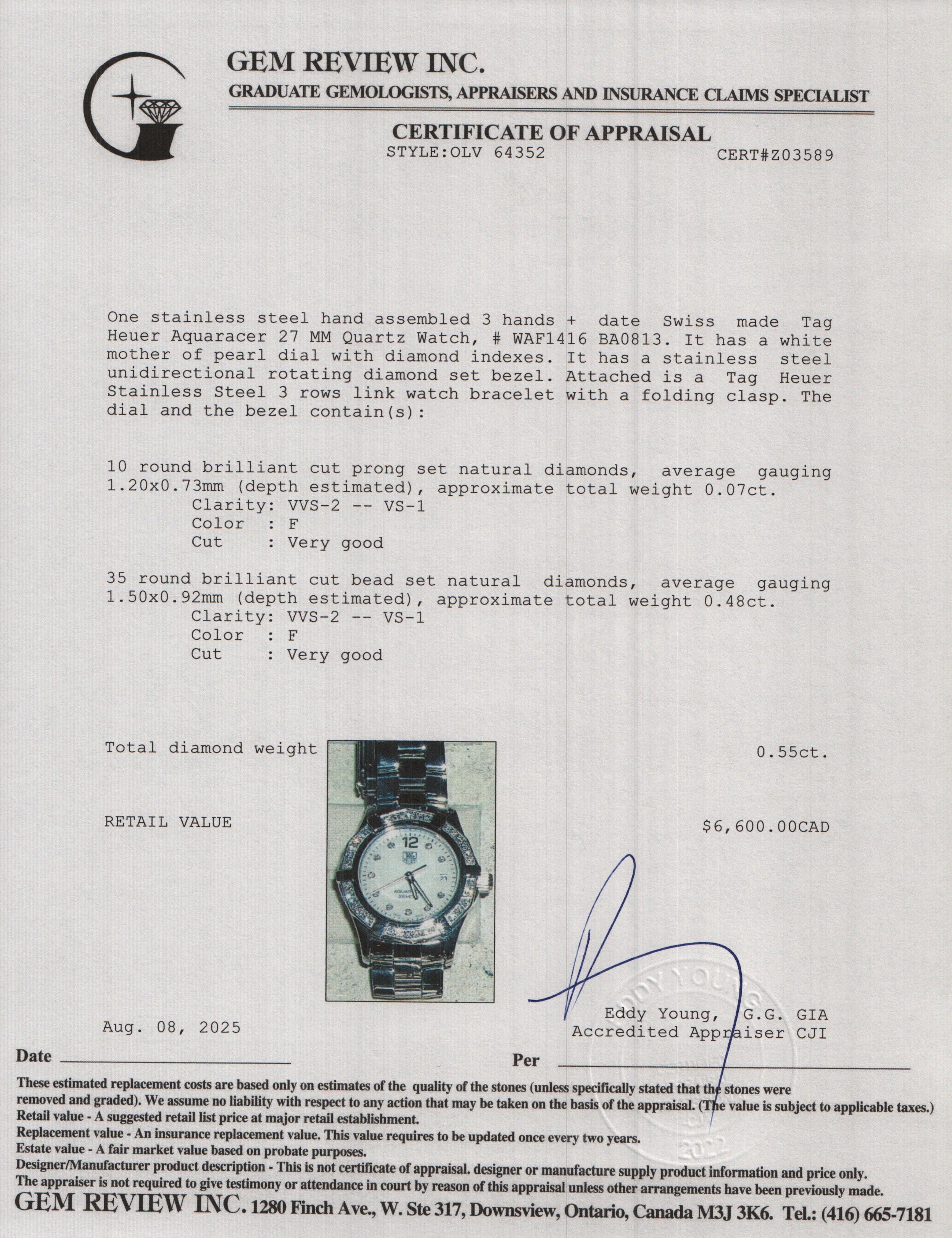 Tag Heuer Stainless Steel Diamond Bezel Aquaracer 27 MM Quartz Watch Mother of Pearl Diamond Dial WAF1416 w/ Papers