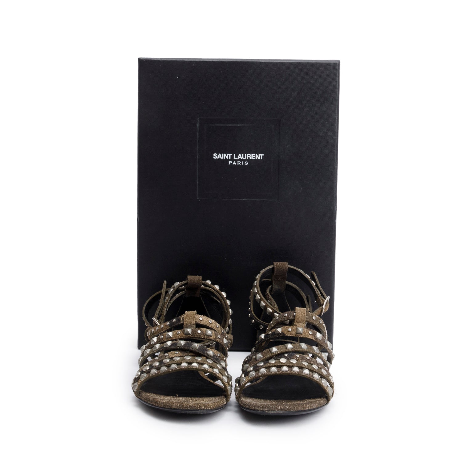 Saint Laurent Camouflage Suede Studded Gladiator Sandals, Size 37 w/ Box