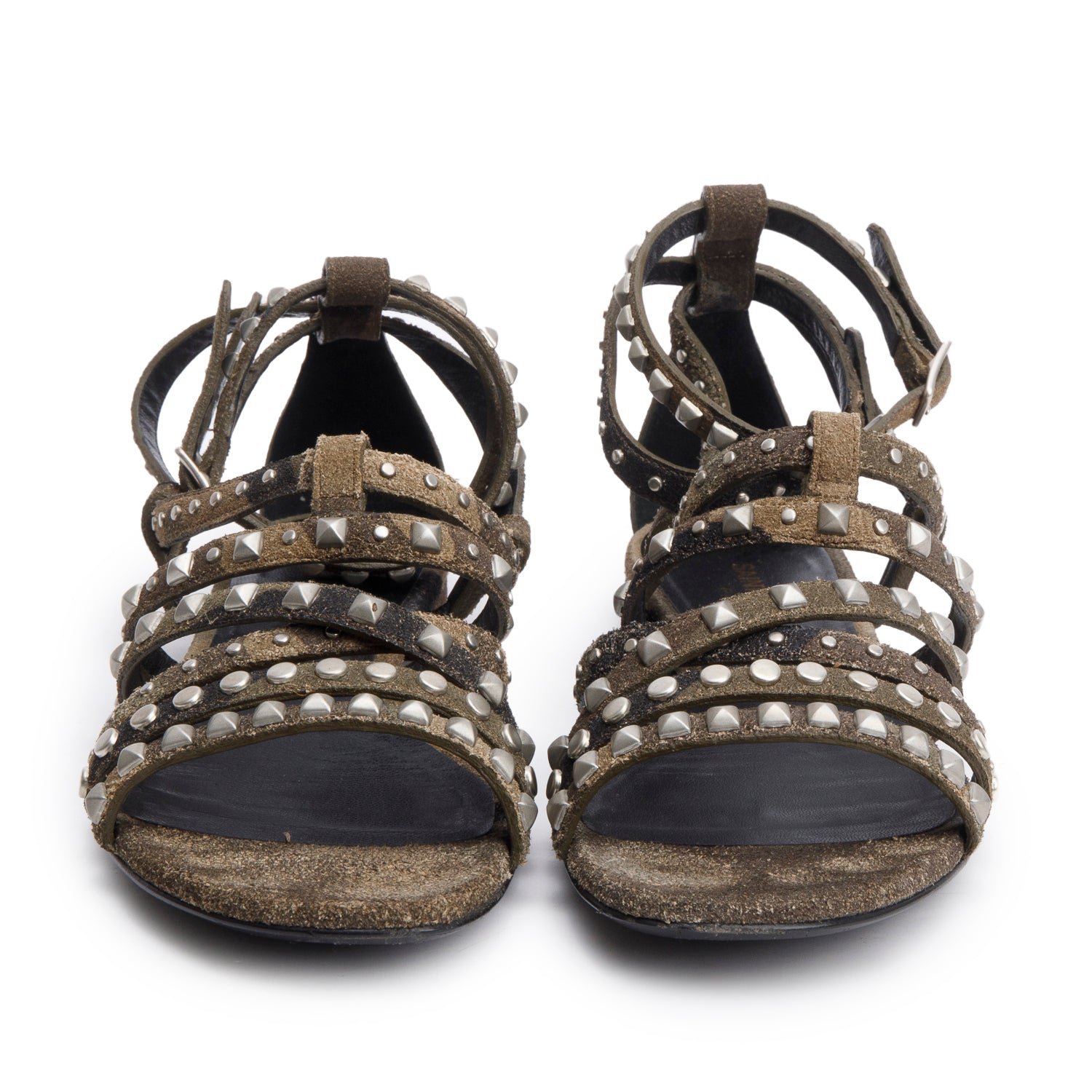 Saint Laurent Camouflage Suede Studded Gladiator Sandals, Size 37 w/ Box