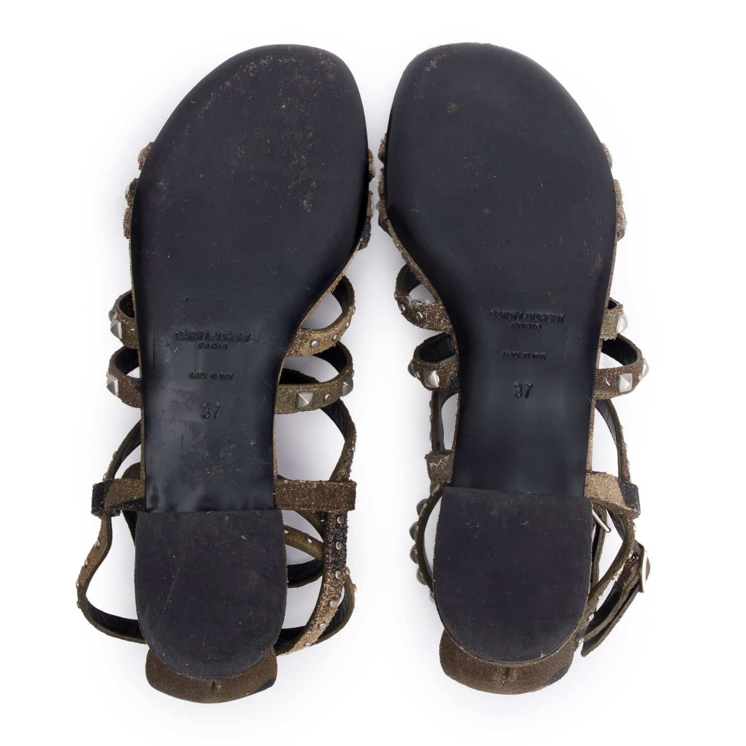 Saint Laurent Camouflage Suede Studded Gladiator Sandals, Size 37 w/ Box