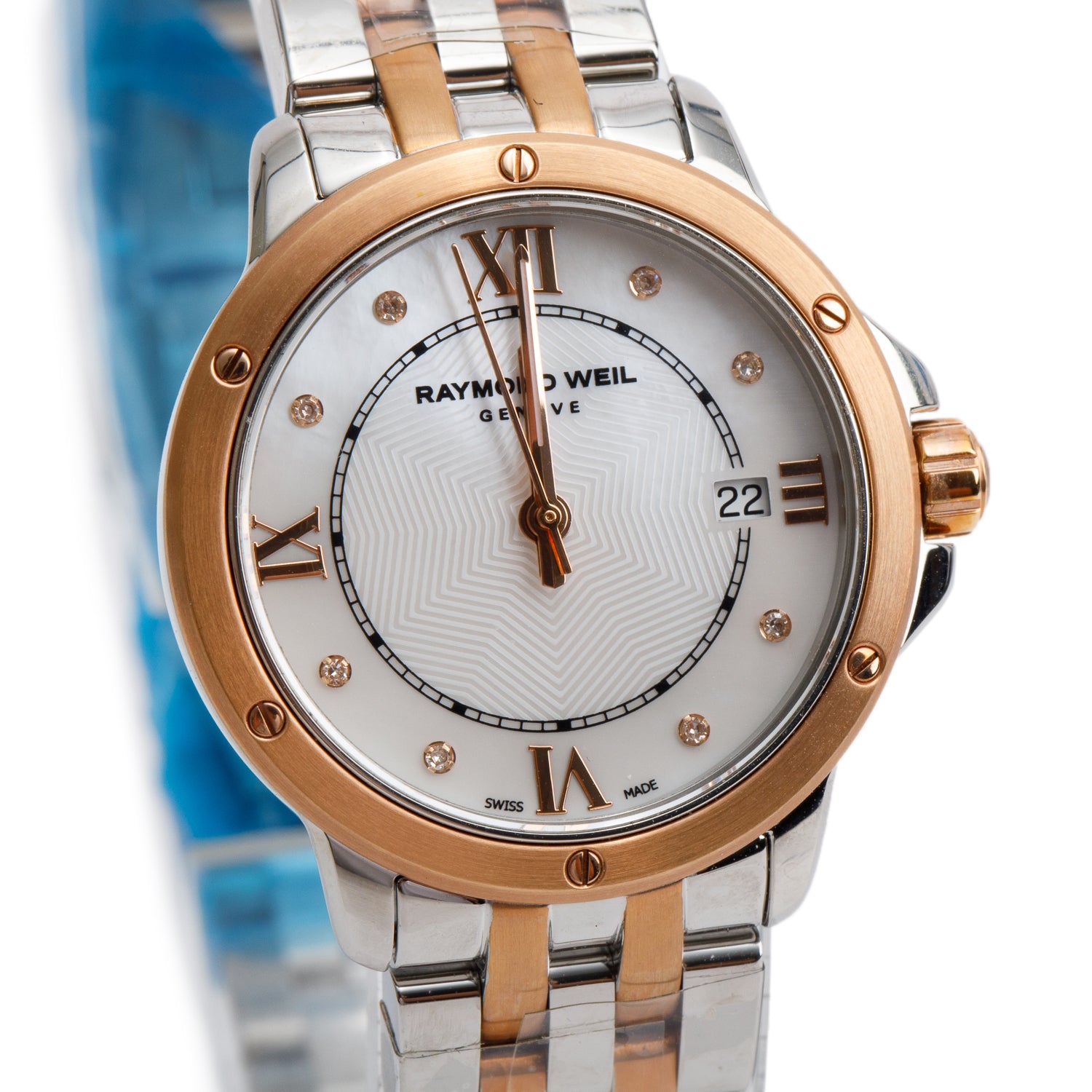 Raymond Weil Rose Gold PVD & Stainless Steel Tango 28 MM Quartz Watch Mother of Pearl Diamond Dial 5391 w/ Papers