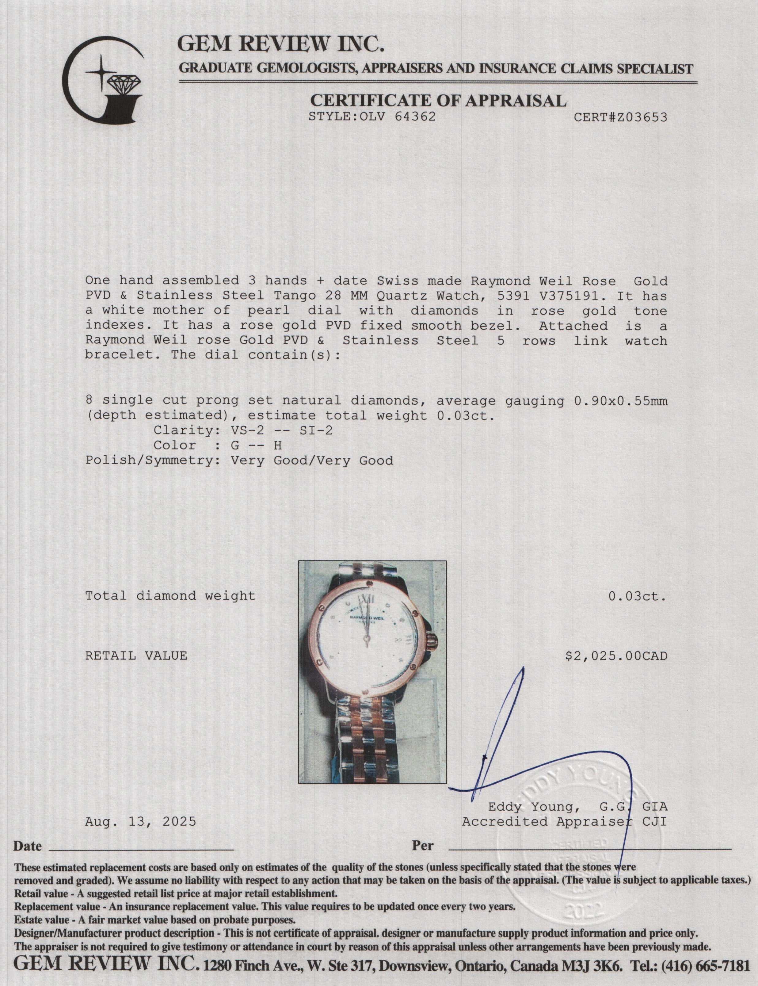 Raymond Weil Rose Gold PVD & Stainless Steel Tango 28 MM Quartz Watch Mother of Pearl Diamond Dial 5391 w/ Papers