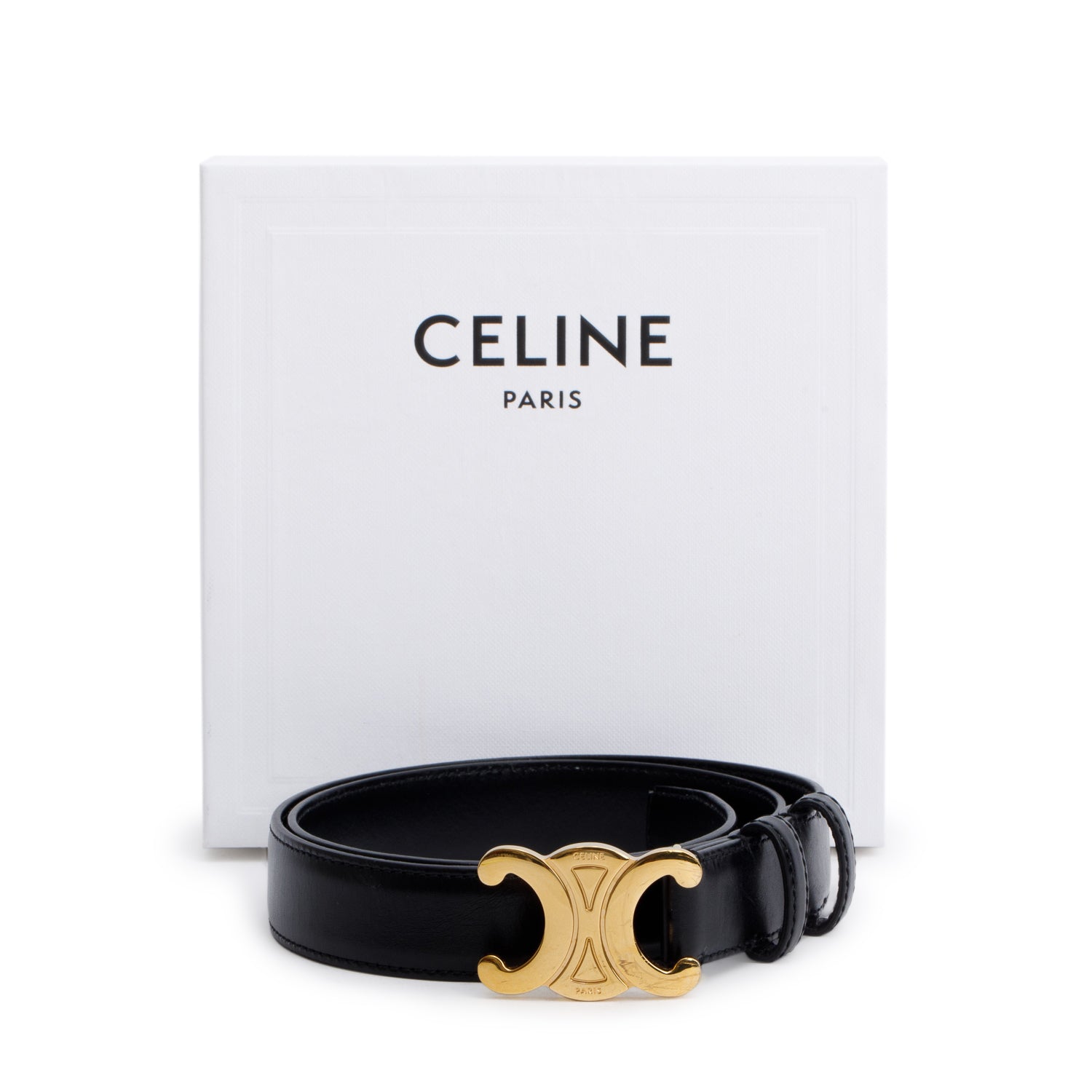 Celine 2022 Black Taurillon Leather Medium Triomphe 25 MM Belt, Size 75 w/ Box