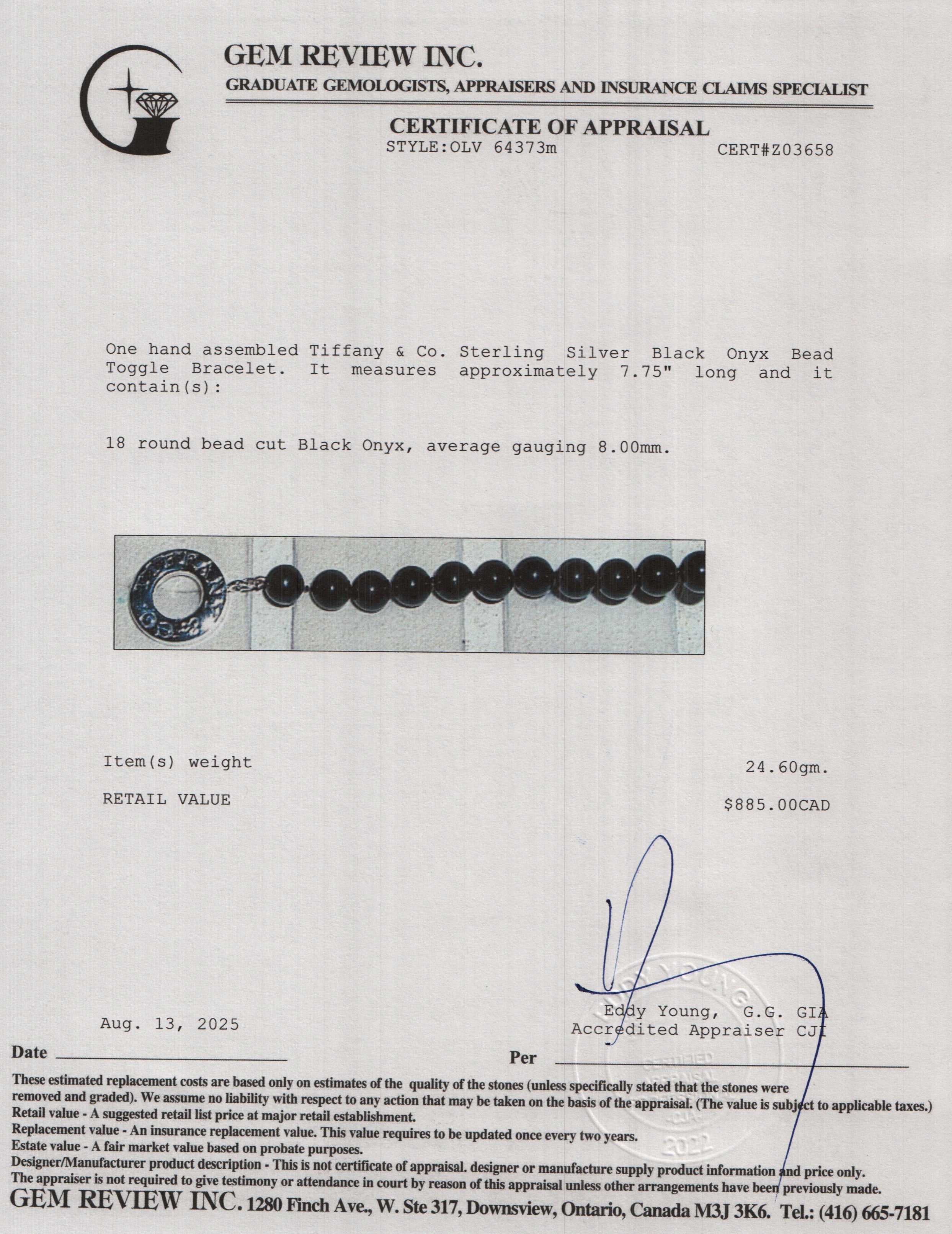 Tiffany & Co. Sterling Silver Black Onyx Bead Toggle Bracelet