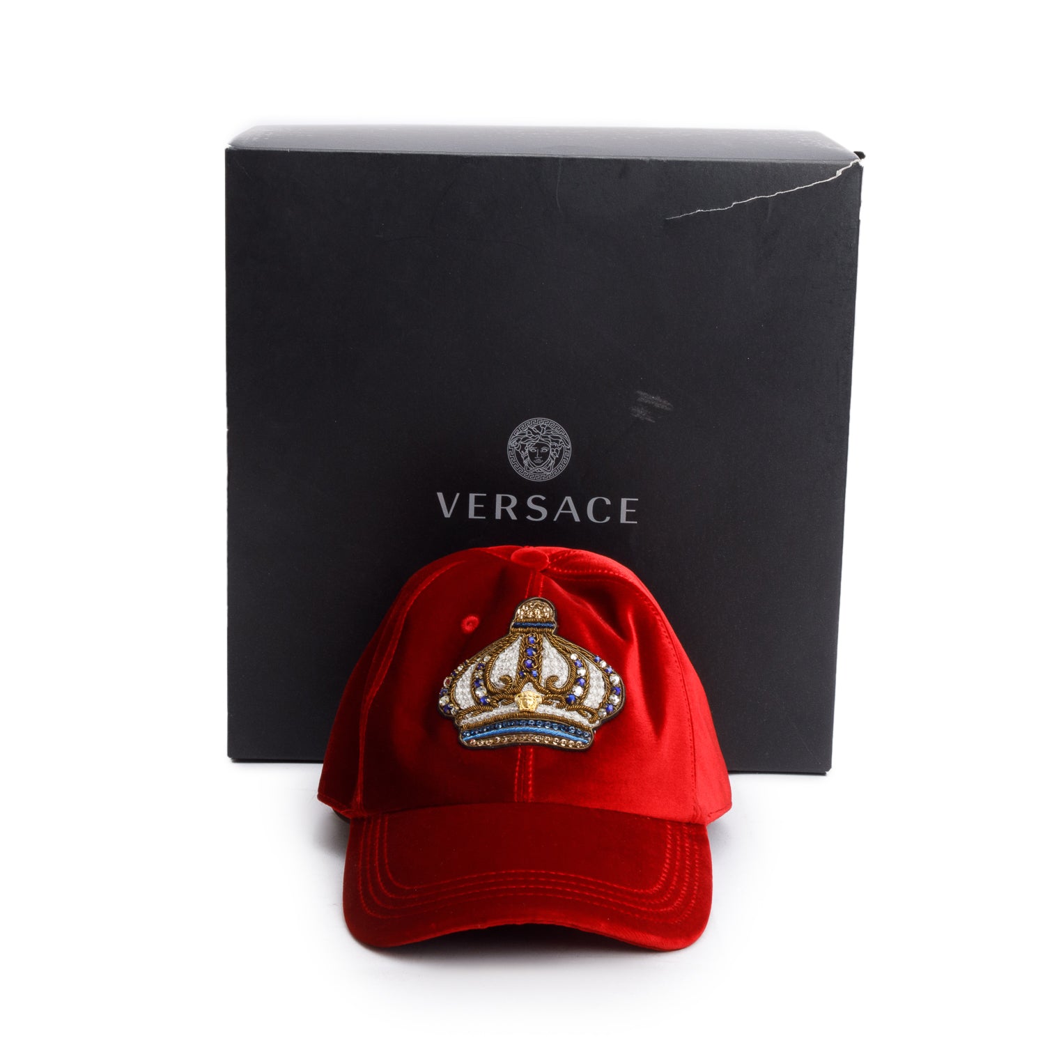 Versace Red Velvet Crystal Accent Crown Baseball Hat, Size 58 w/ Box
