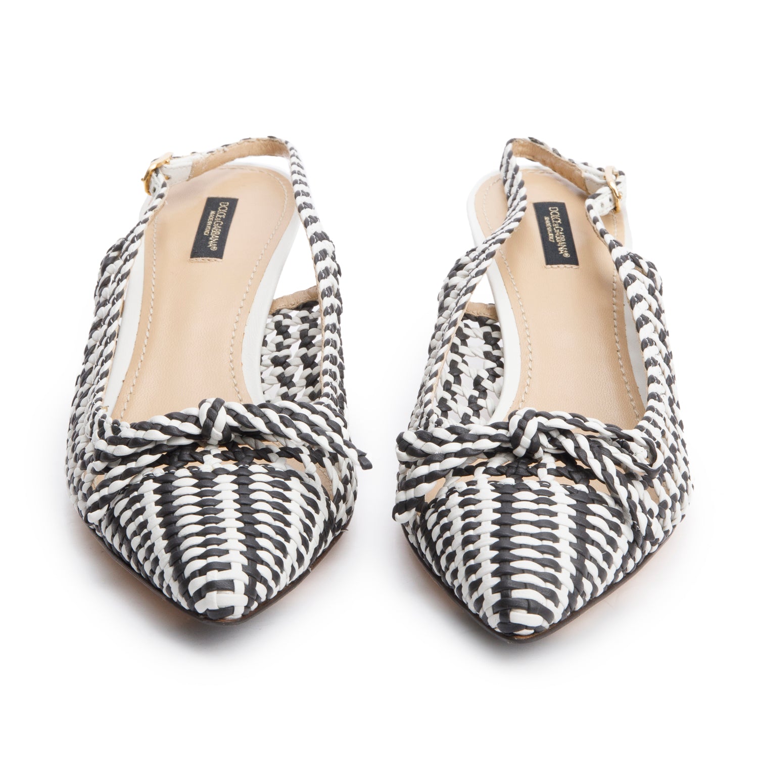 Dolce & Gabbana Black/White woven Leather Bow Slingback Pumps, Size 40