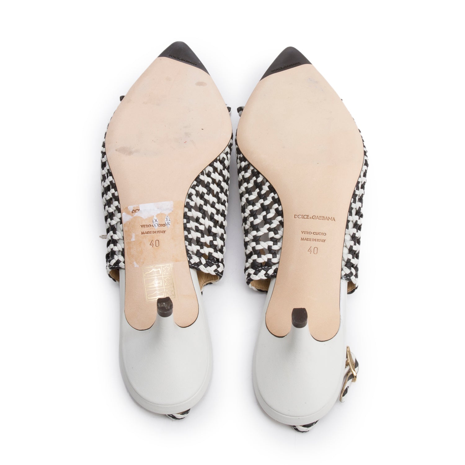 Dolce & Gabbana Black/White woven Leather Bow Slingback Pumps, Size 40