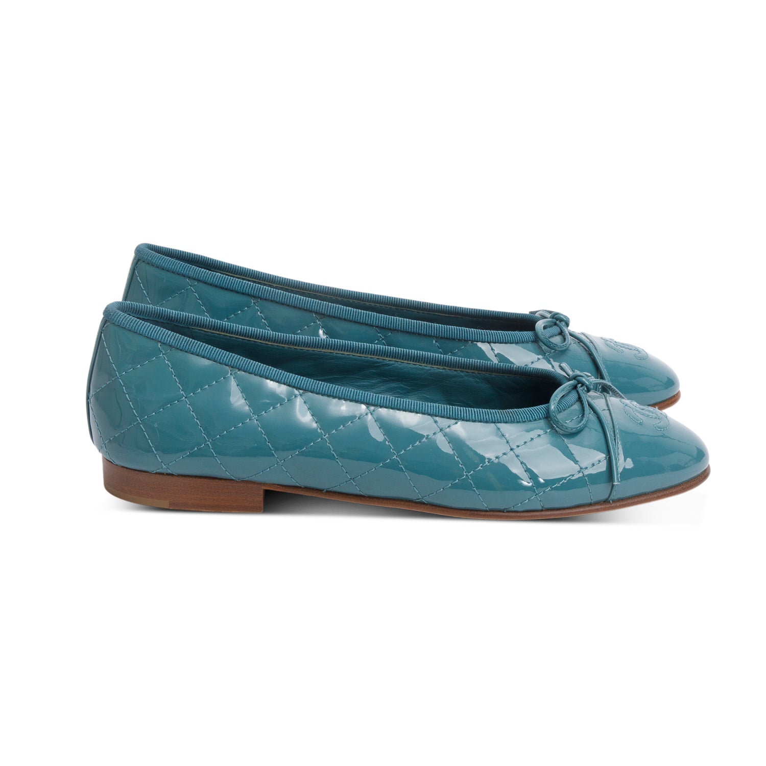 Chanel Teal Quilted Patent Leather Interlocking CC Logo Flats, Size 37