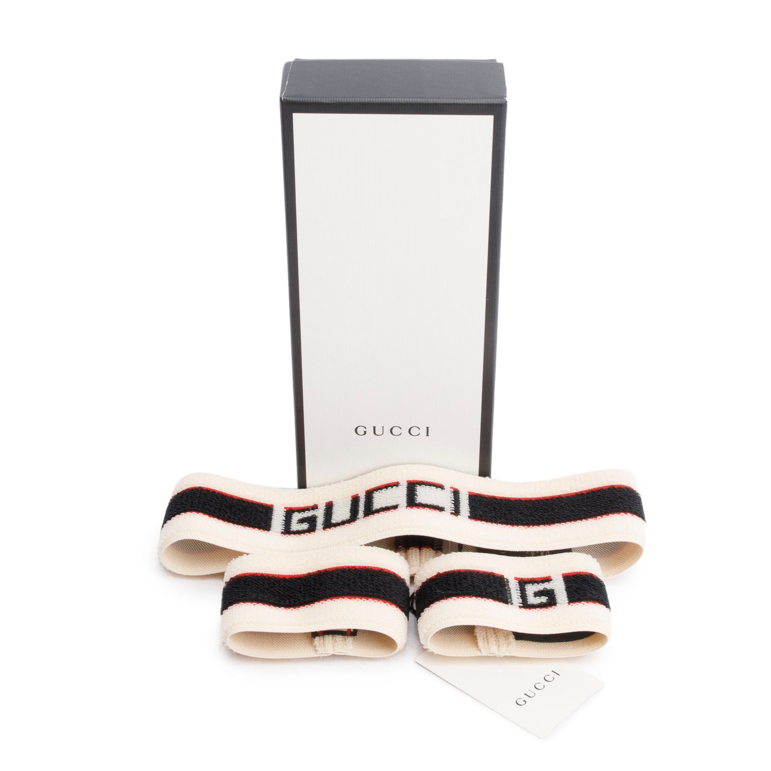 Gucci Creme & Black Web Logo Fabric Elastic Headband and Wrist Bands Set, Size M 57 w/ Box