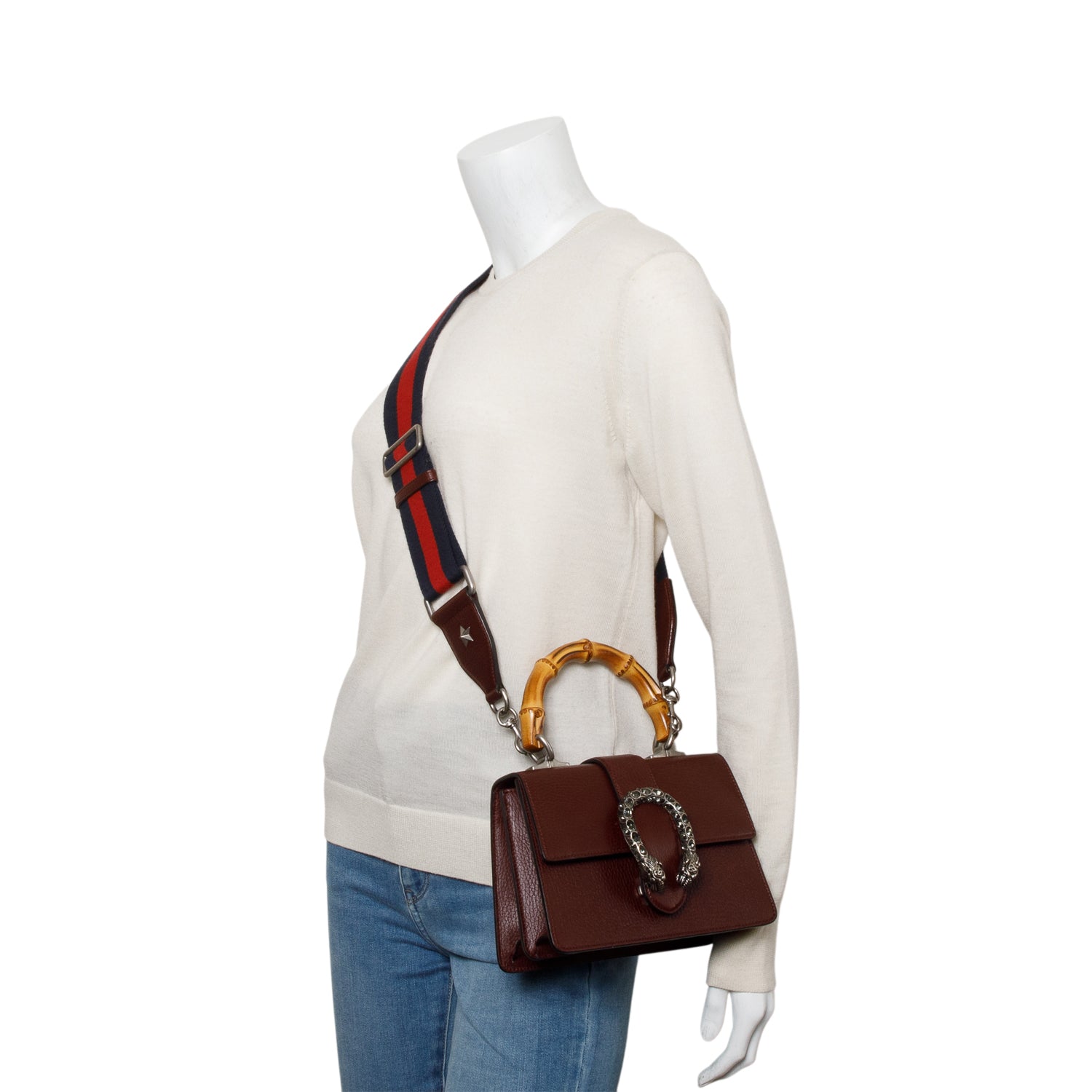 Gucci Burgundy Calfskin Leather Dionysus Bamboo Mini Top Handle Bag w/ Strap