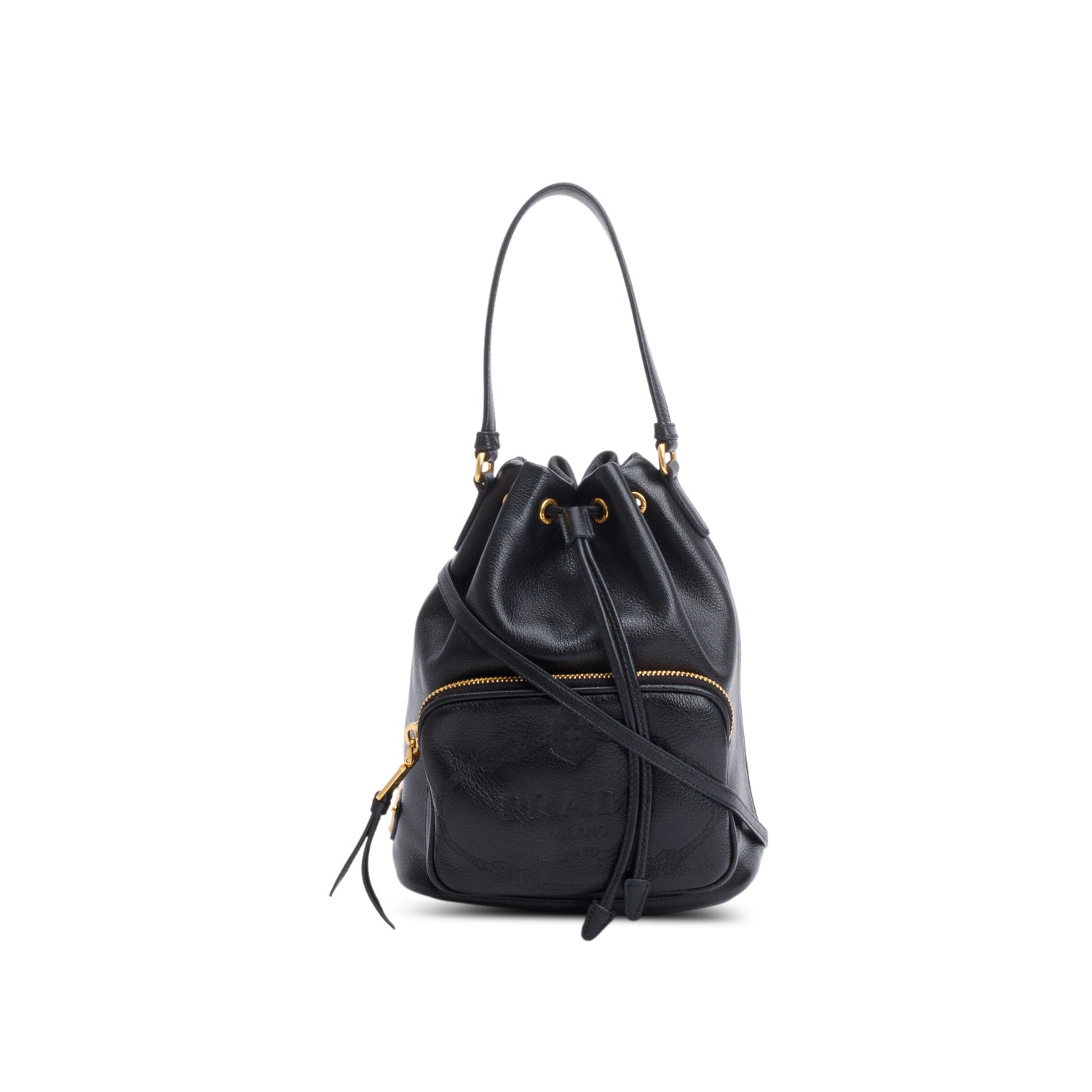 Prada Black Glace Calf Leather Logo Duet Bucket Bag w/ Strap & Authenticity Card