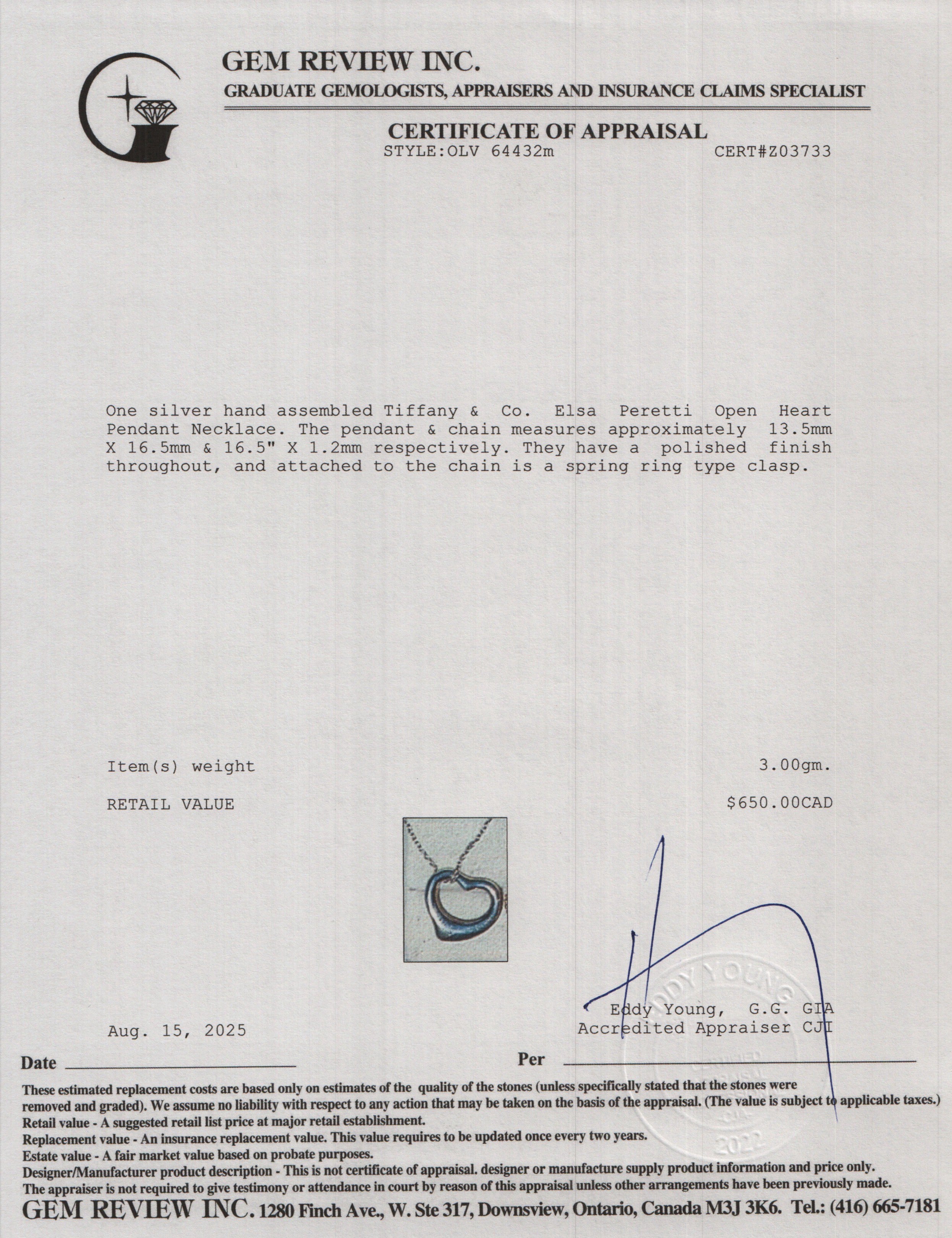 Tiffany & Co. Elsa Peretti Sterling Silver 16 MM Open Heart Pendant Necklace