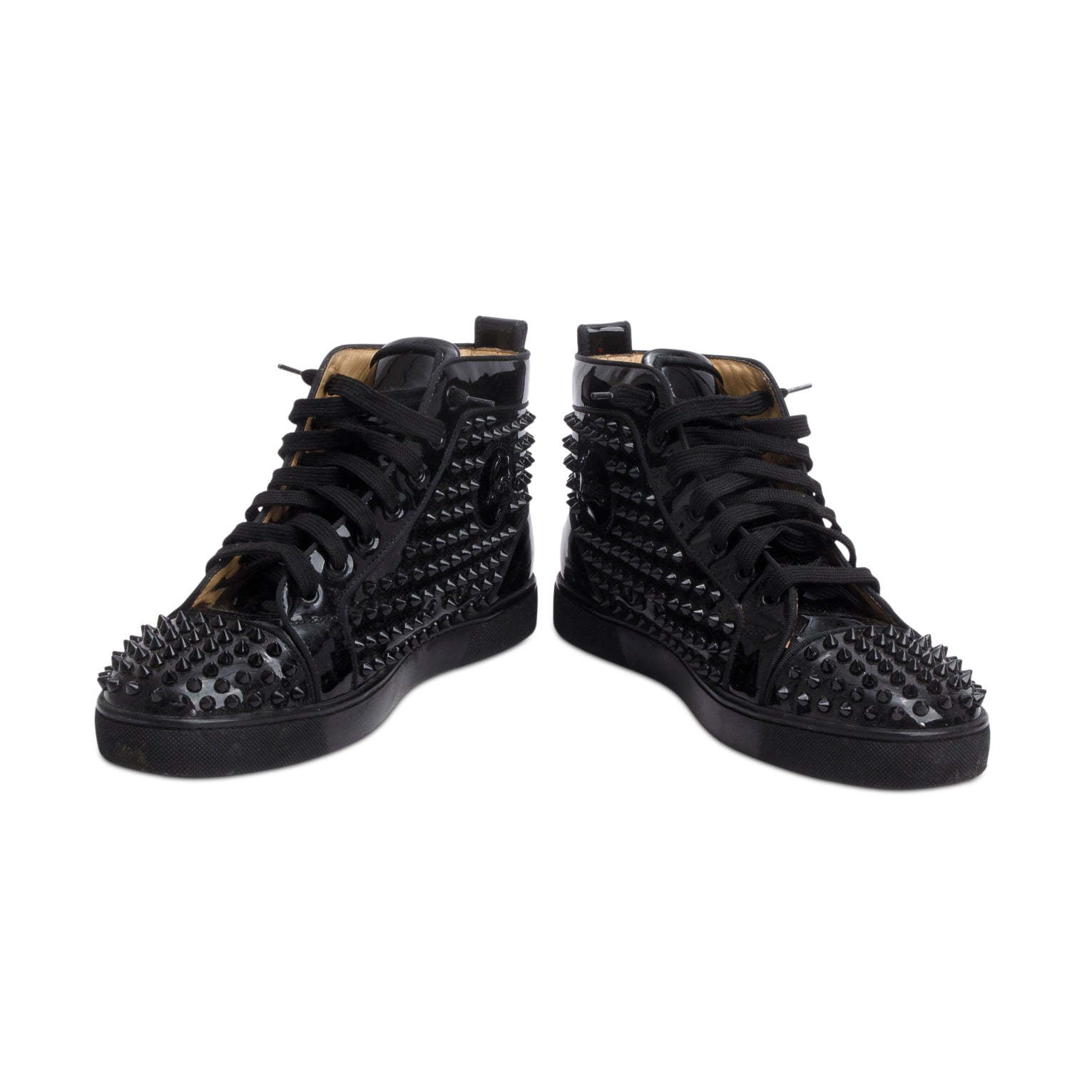 Christian Louboutin Patent Black Leather Louis Spikes Orlato High-Top Sneakers, Size 41.5