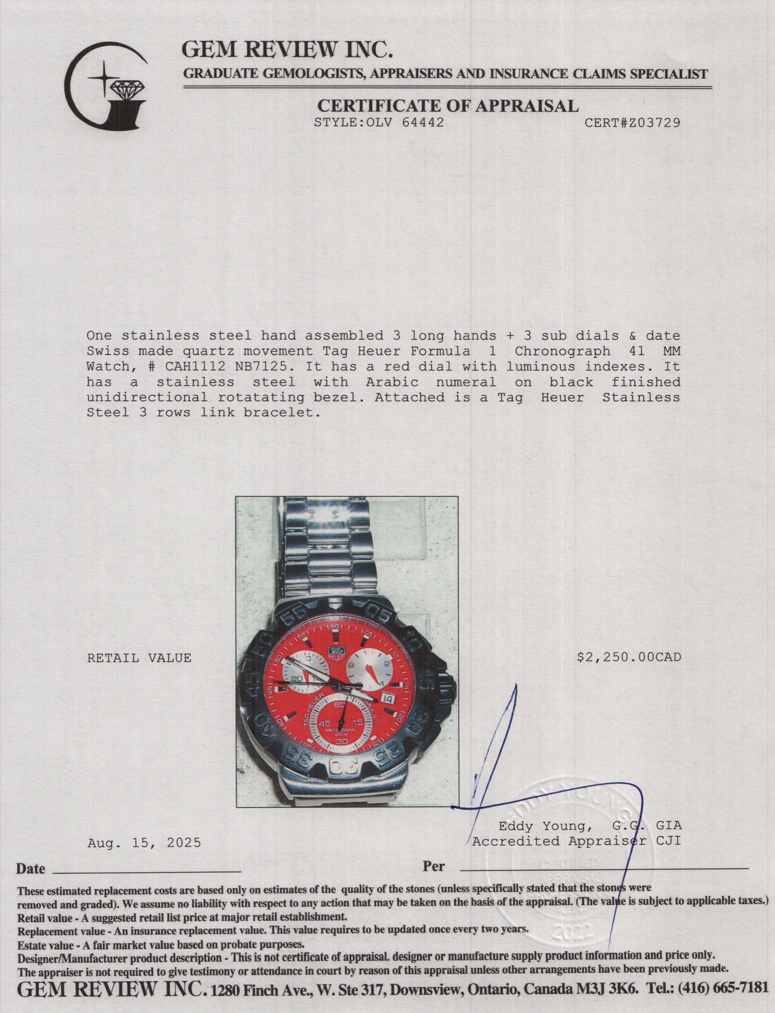 Tag Heuer Stainless Steel Formula 1 Chronograph 41 MM Watch Red Dial CAH1112
