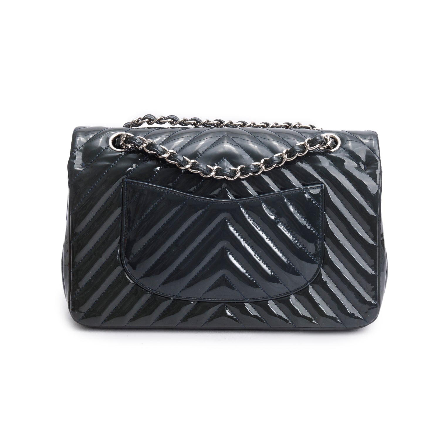 Chanel Grey Chevron Quilted Patent Leather Classic Medium Double Flap Bag