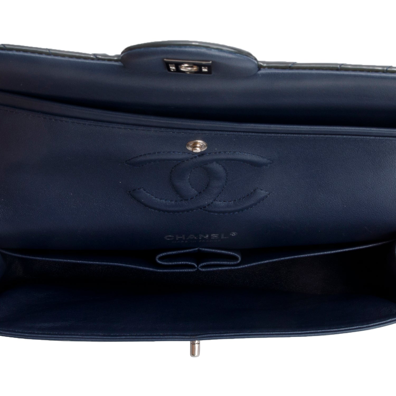 Chanel Grey Chevron Quilted Patent Leather Classic Medium Double Flap Bag