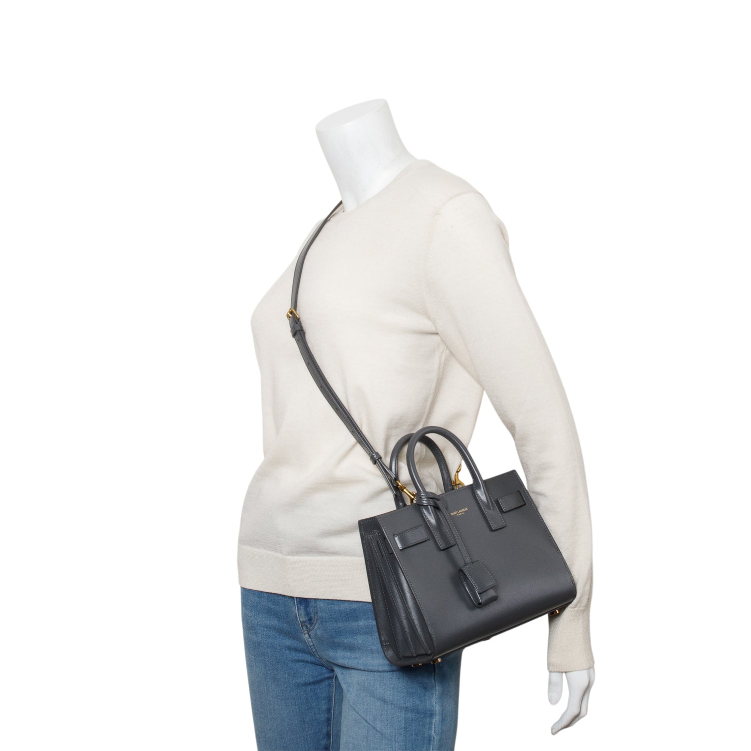 Saint Laurent 2024 Grey Smooth Calfskin Leather Nano Sac De Jour w/ Strap