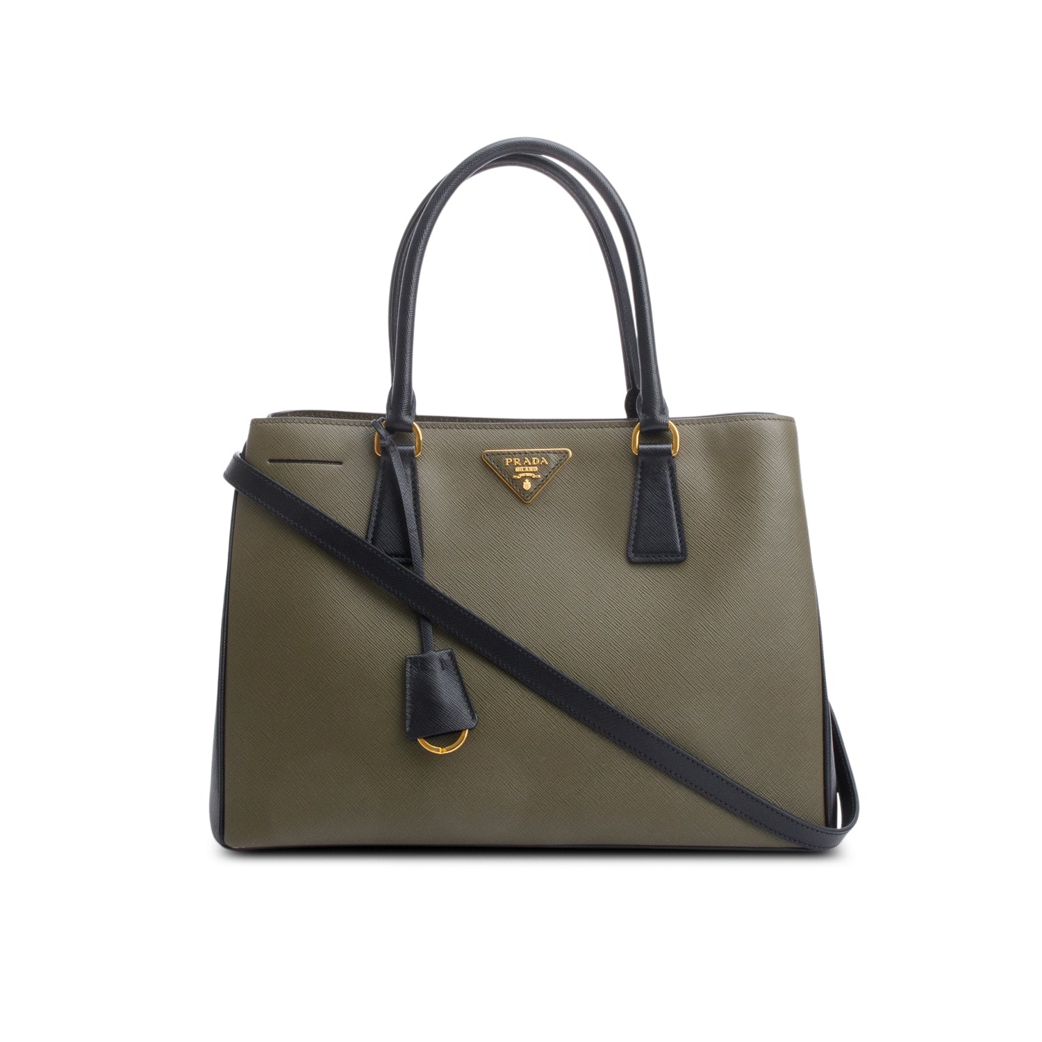 Prada Olive Green/Black Saffiano Lux Medium Galleria Tote w/ Strap & Authenticity Card