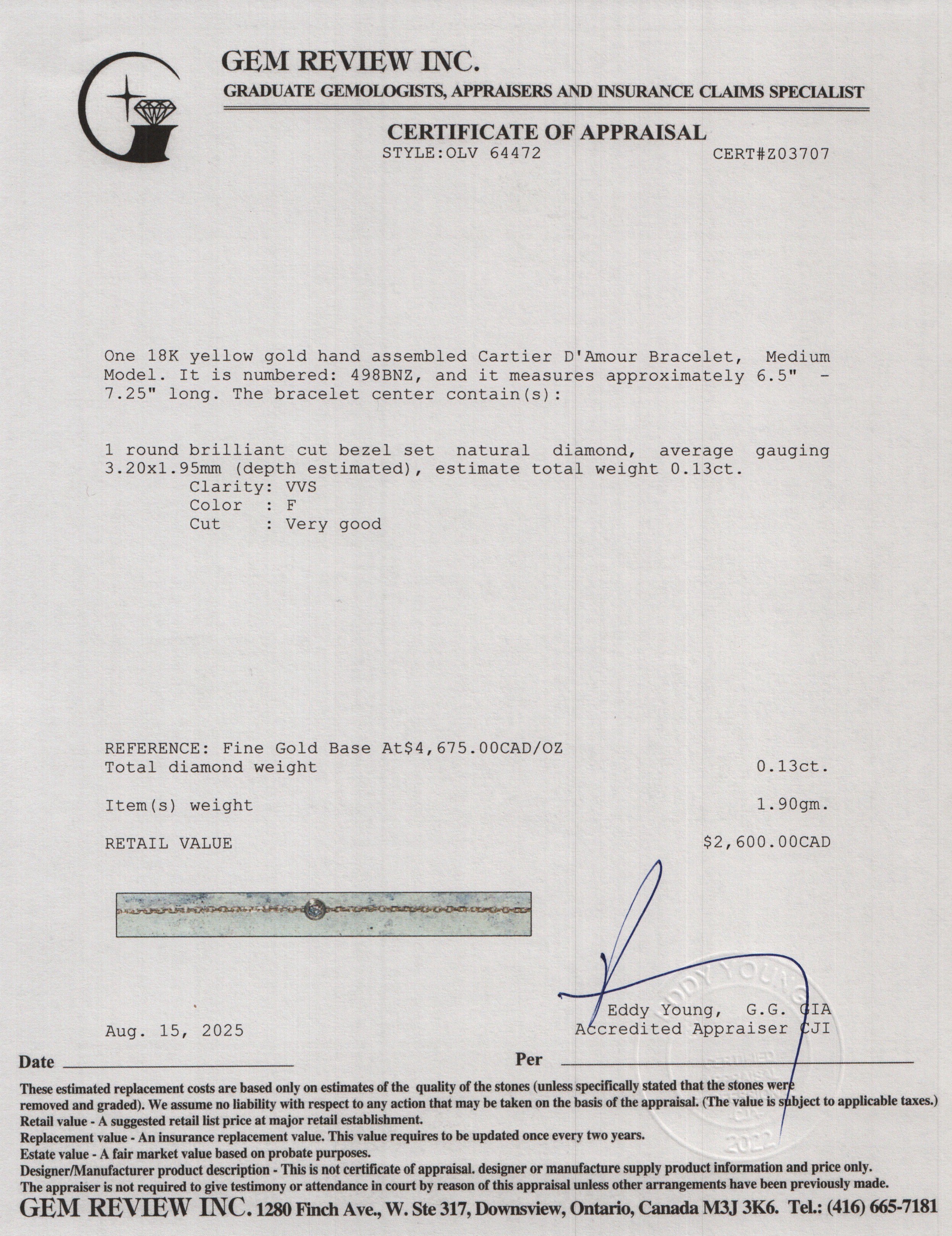 Cartier 2024 18k Yellow Gold Diamond D'Amour Bracelet, Medium Model w/ Box & Certificate