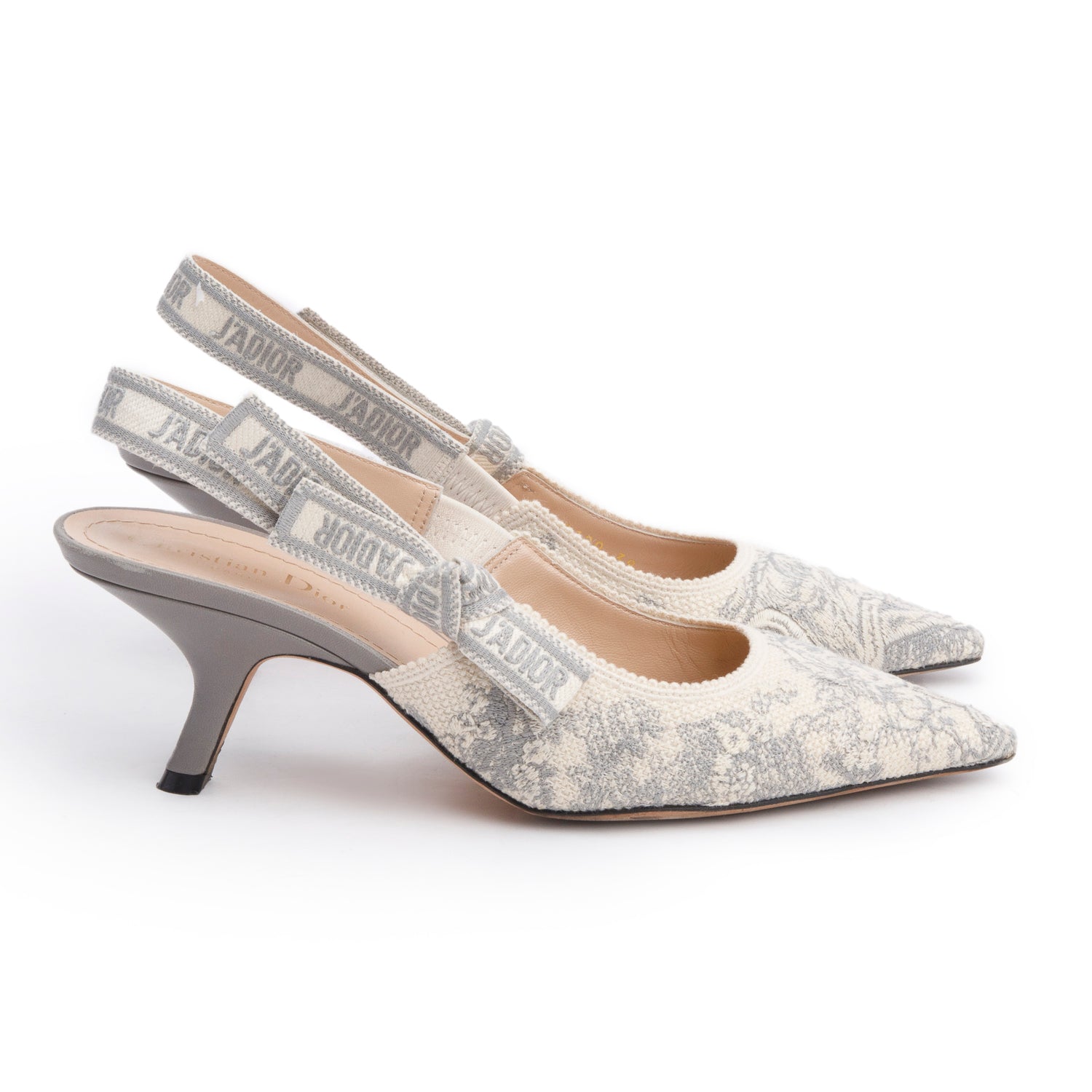 Christian Dior Grey Technical Fabric Toile De Jouy Embroidery J'Adior Slingback Pumps, Size 39 w/ Box