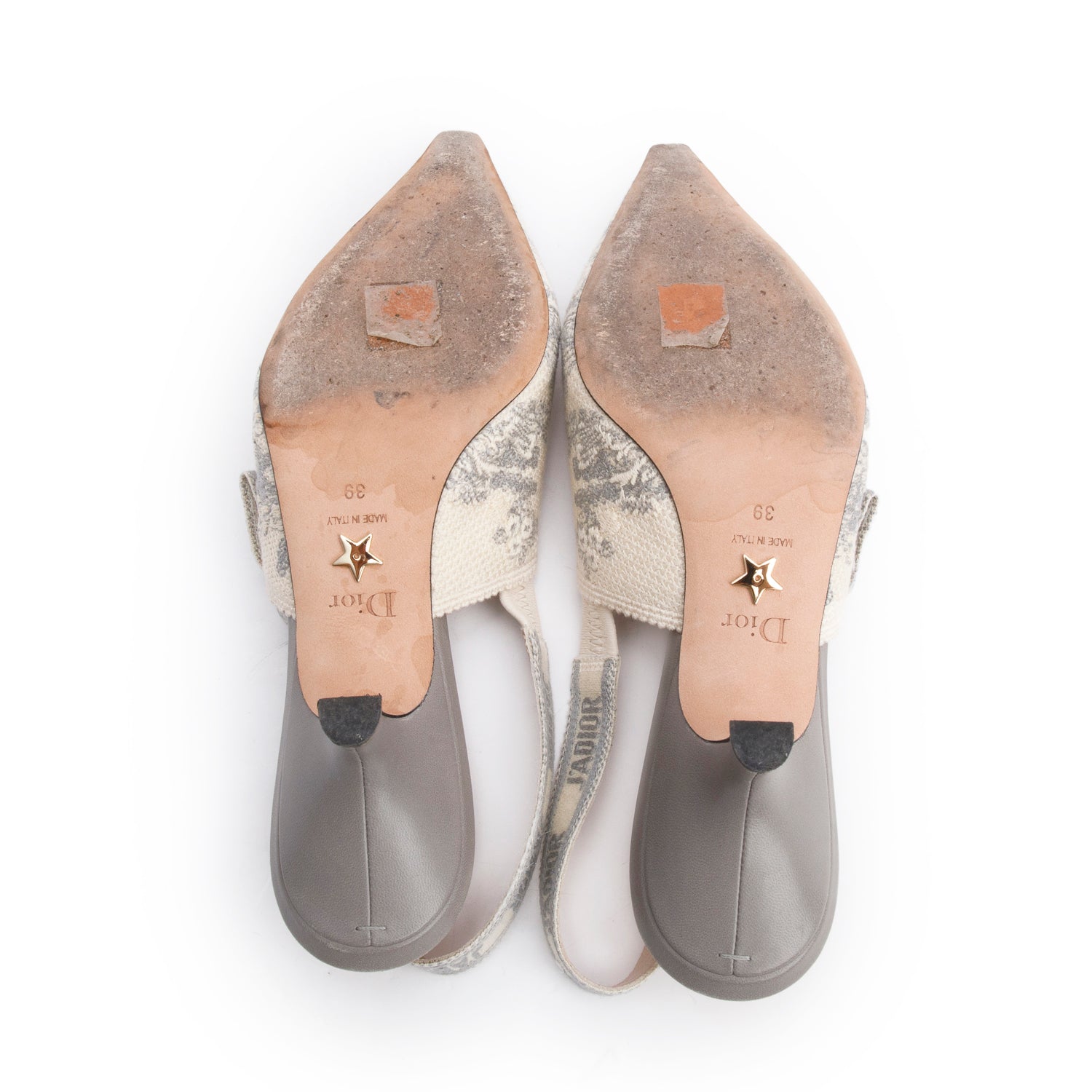 Christian Dior Grey Technical Fabric Toile De Jouy Embroidery J'Adior Slingback Pumps, Size 39 w/ Box