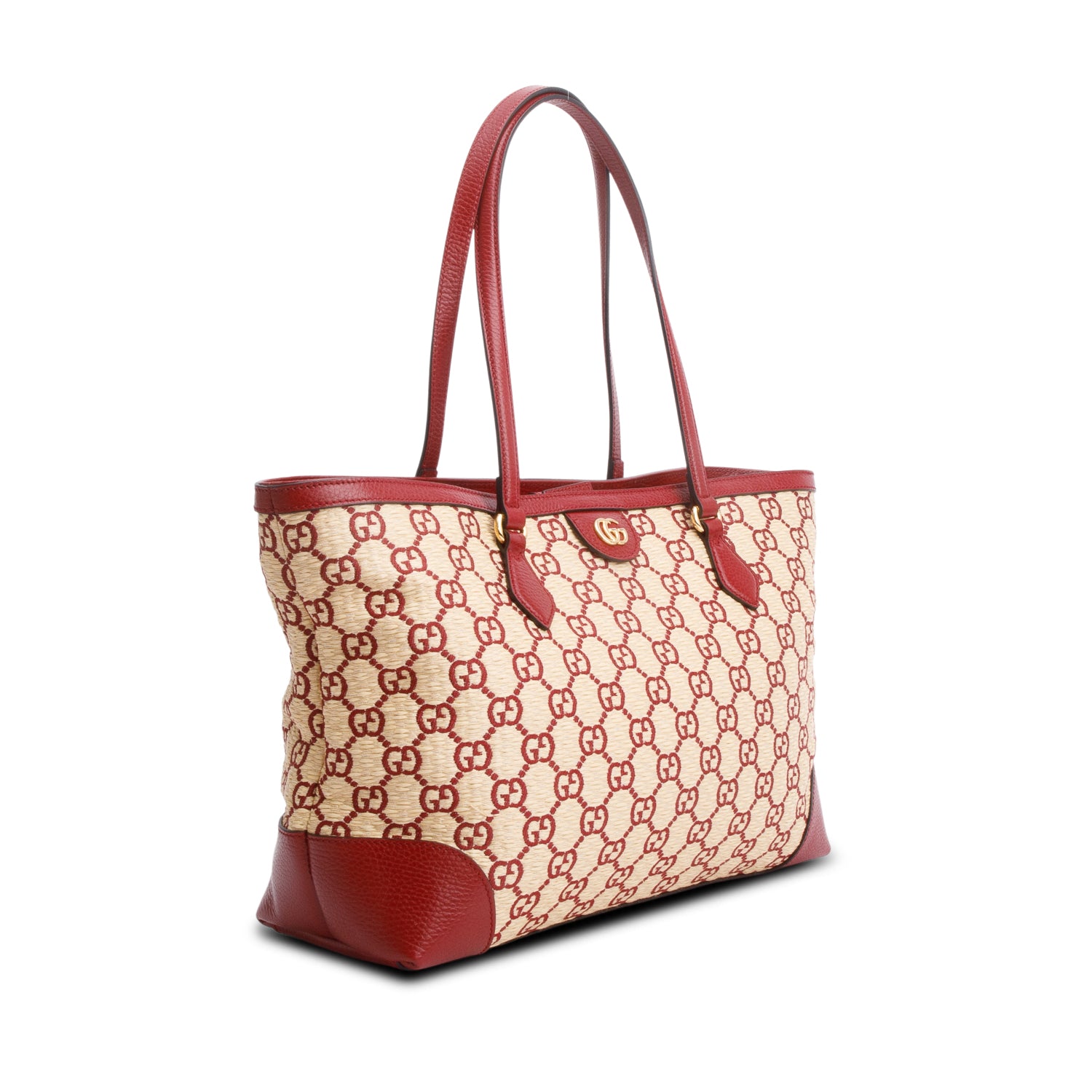 Gucci Neutral Raffia Red Leather Trim Ophidia GG Medium Tote