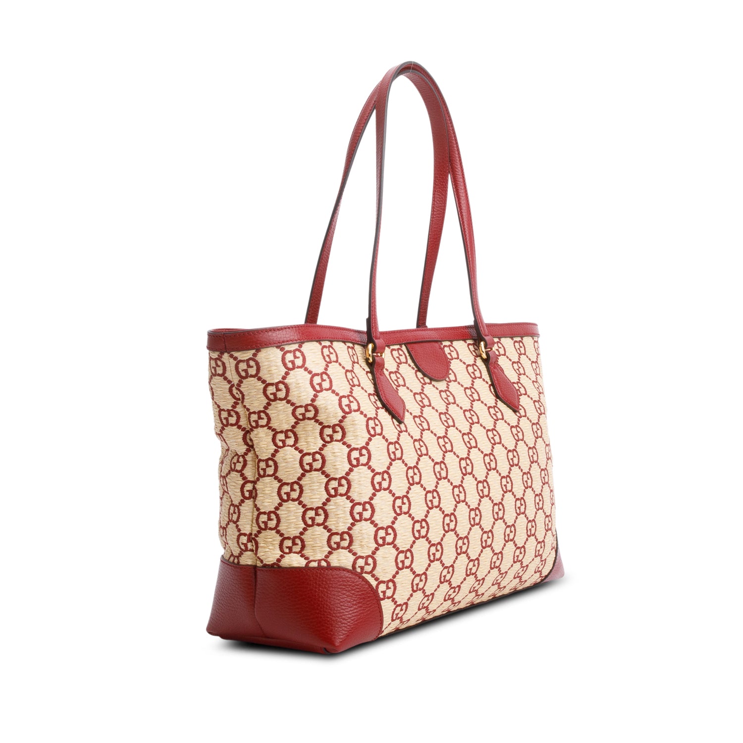 Gucci Neutral Raffia Red Leather Trim Ophidia GG Medium Tote