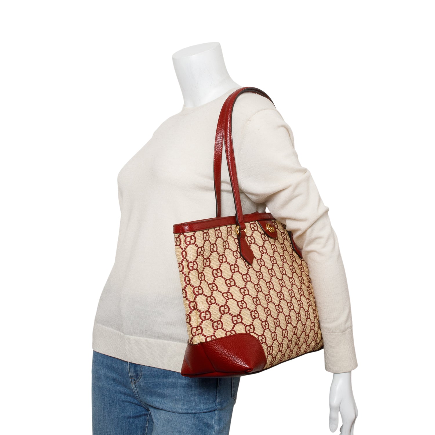 Gucci Neutral Raffia Red Leather Trim Ophidia GG Medium Tote