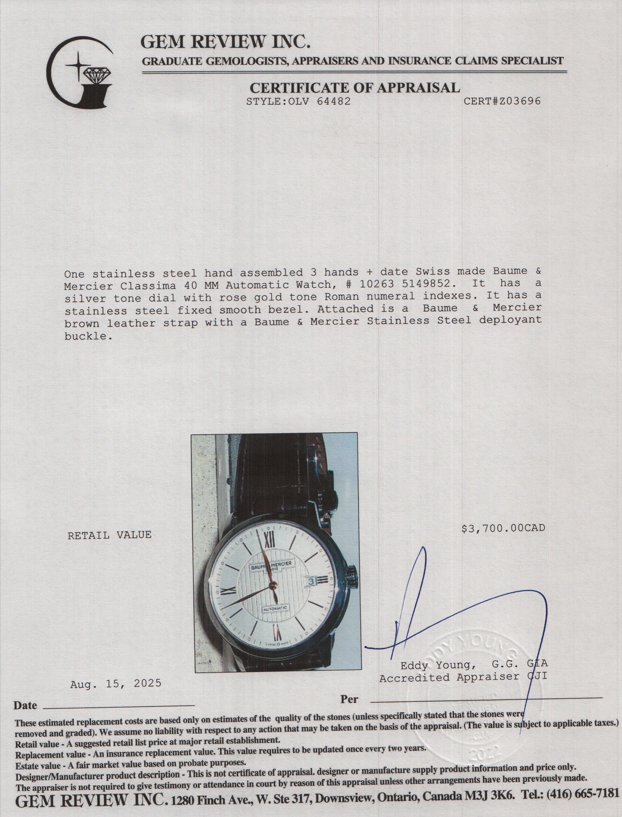 Baume & Mercier Stainless Steel Classima 40 MM Automatic Watch 10263