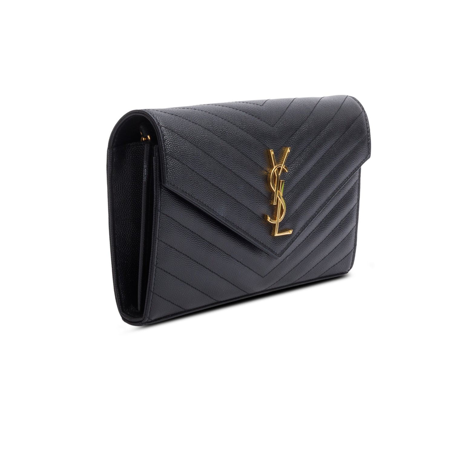 Saint Laurent 2022 Black Grain De Poudre Leather Envelope Chain Wallet w/ Receipt