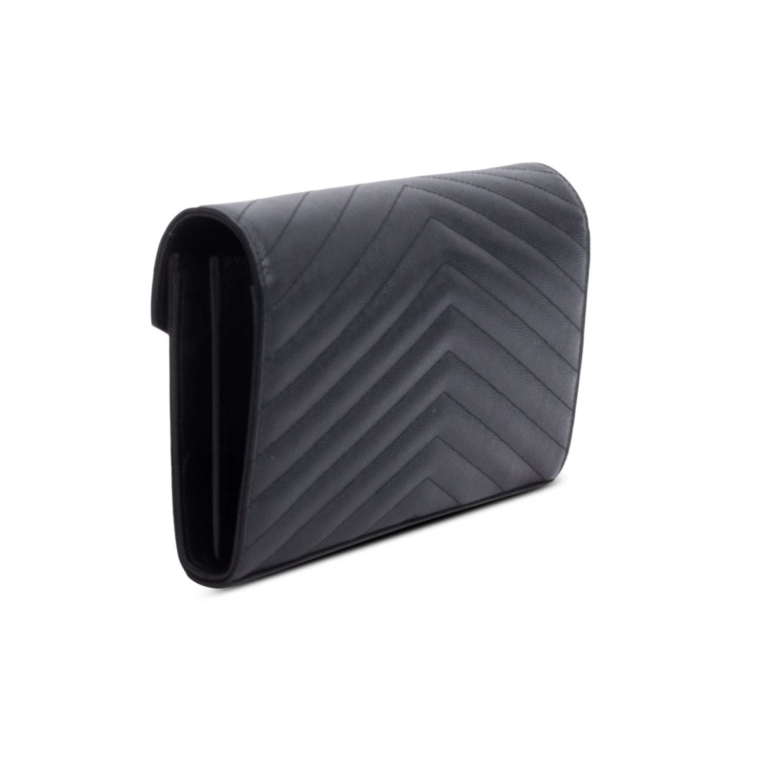 Saint Laurent 2022 Black Grain De Poudre Leather Envelope Chain Wallet w/ Receipt