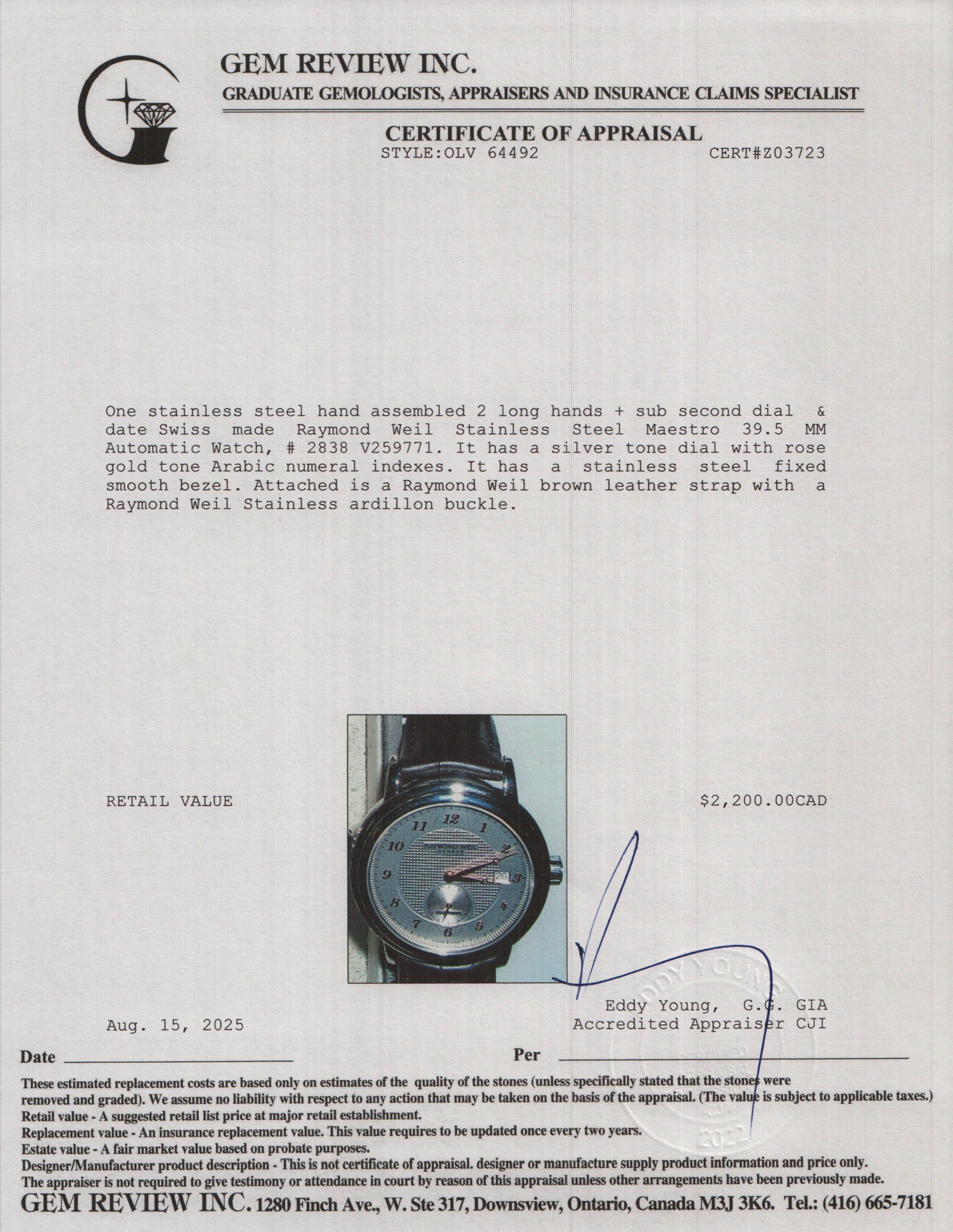 Raymond Weil Stainless Steel Maestro 39.5 MM Automatic Watch Silver Dial 2838