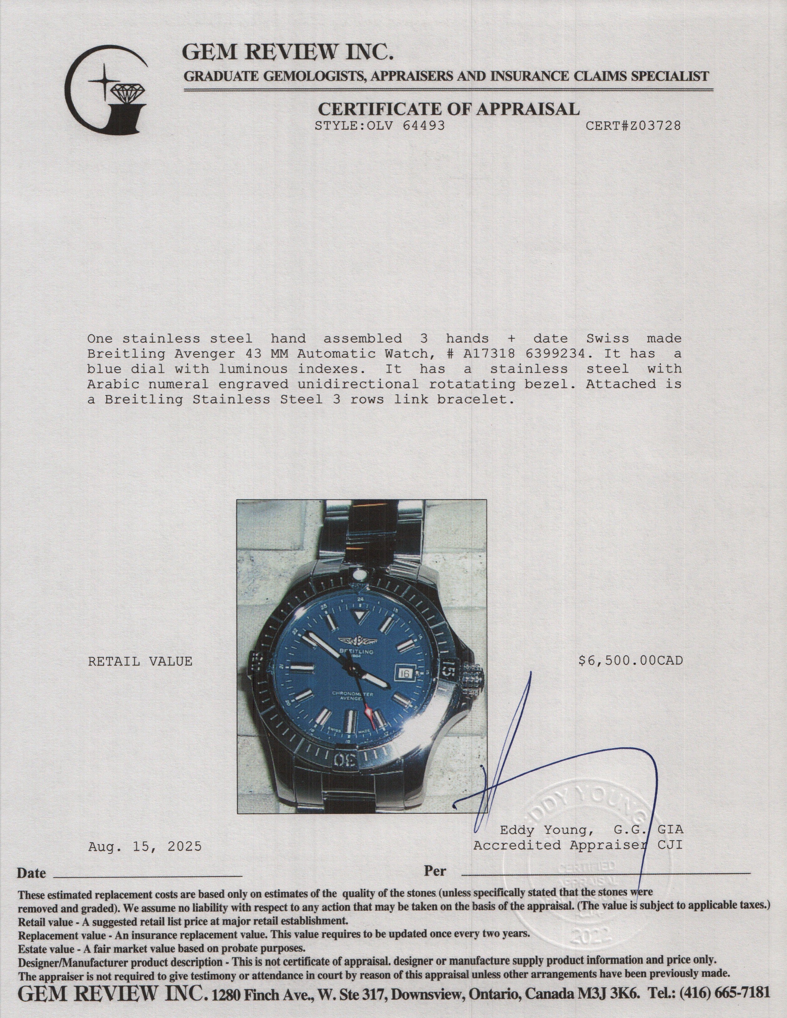 Breitling Stainless Steel Avenger 43 MM Automatic Watch Blue Dial A17318 w/ Box & Papers