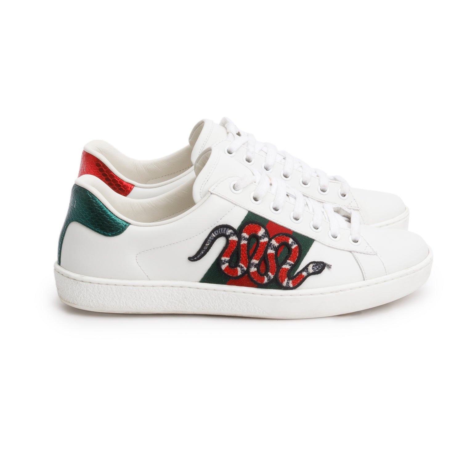Gucci White Leather Embroidered Web Snake Ace Sneakers, Men's Size 5 w/ Box