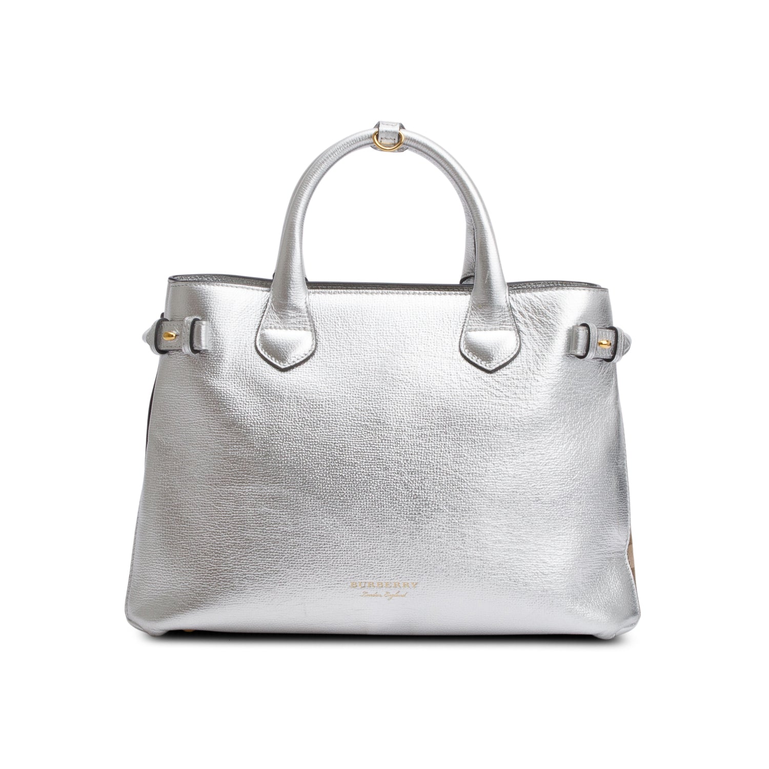Burberry Metallic Silver Calfskin Leather House Check Medium Banner Tote w/ Strap