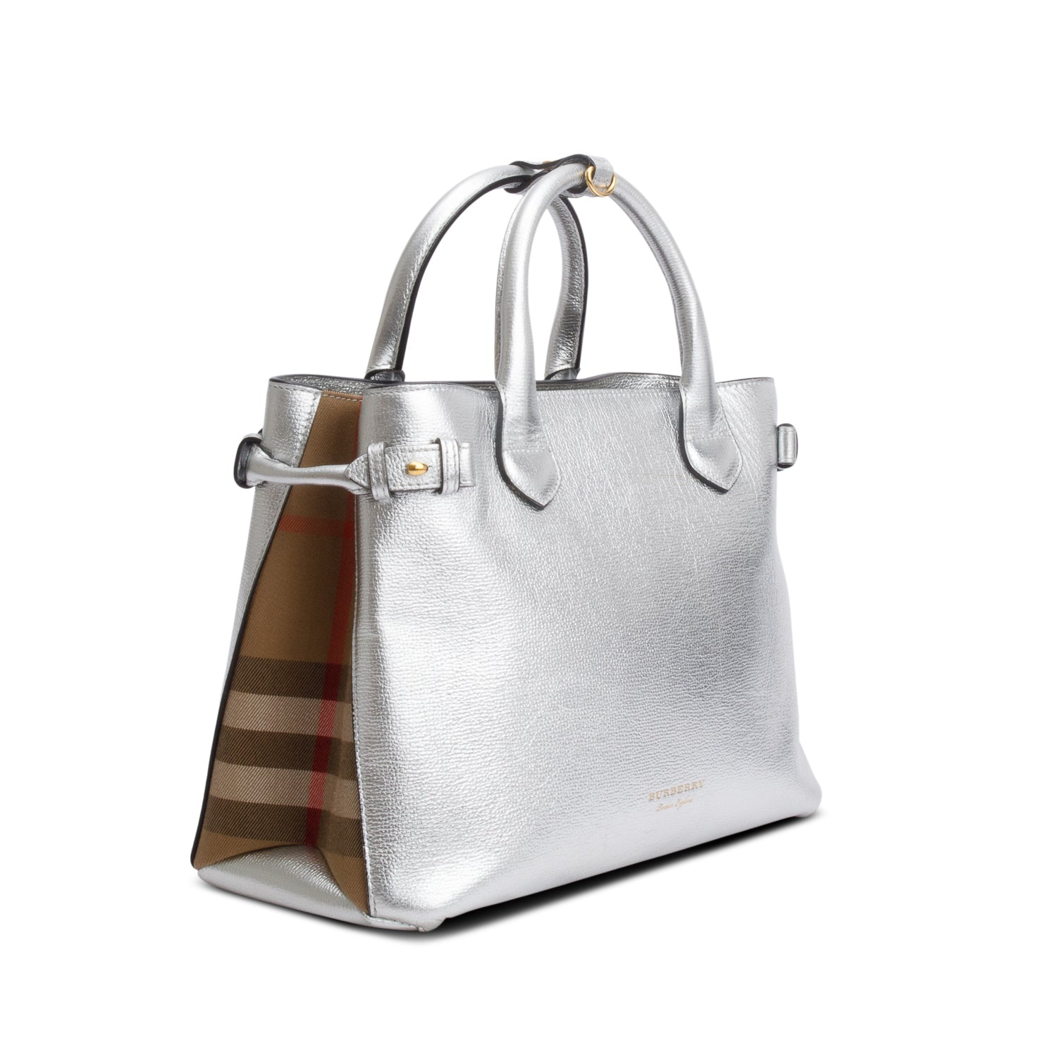 Burberry Metallic Silver Calfskin Leather House Check Medium Banner Tote w/ Strap