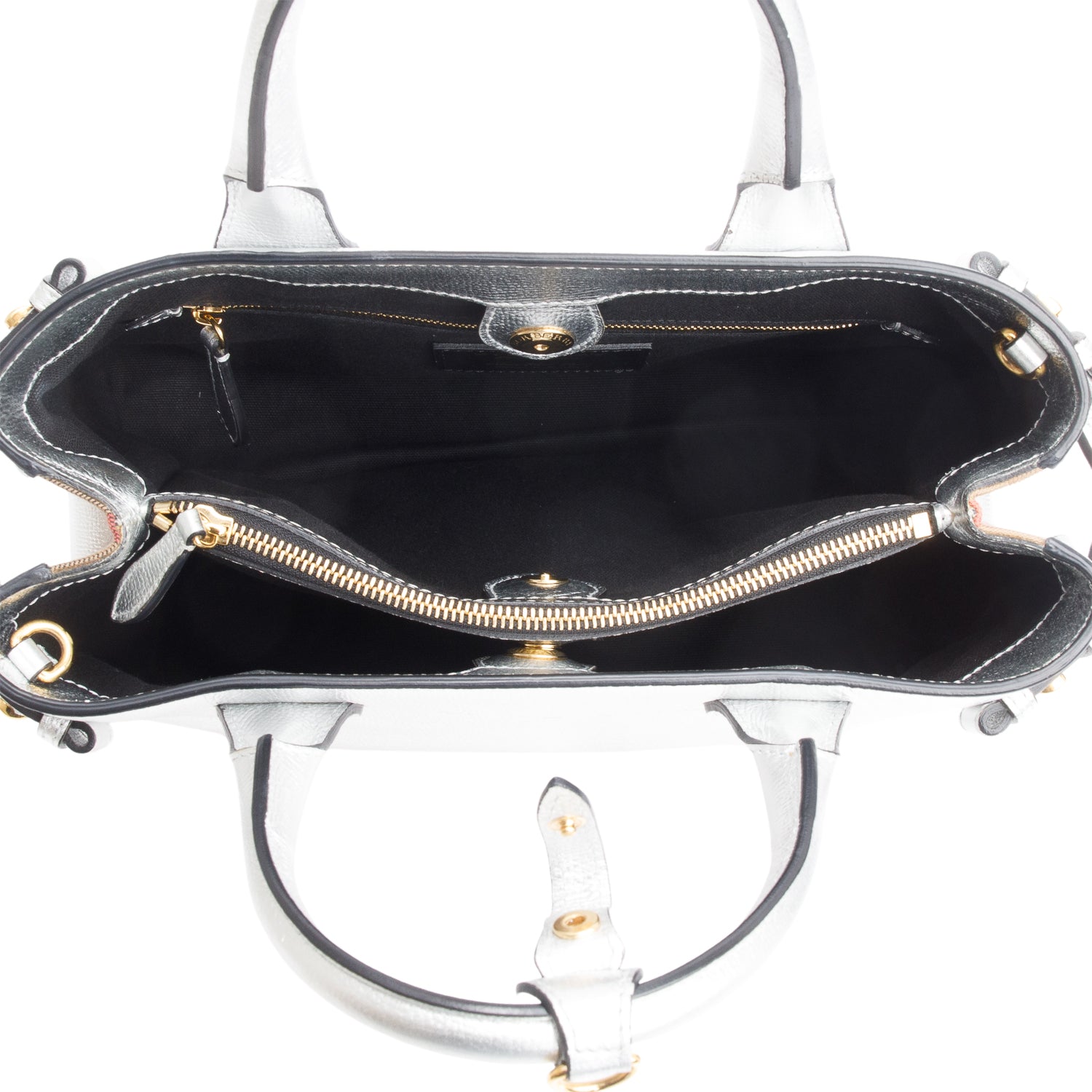 Burberry Metallic Silver Calfskin Leather House Check Medium Banner Tote w/ Strap