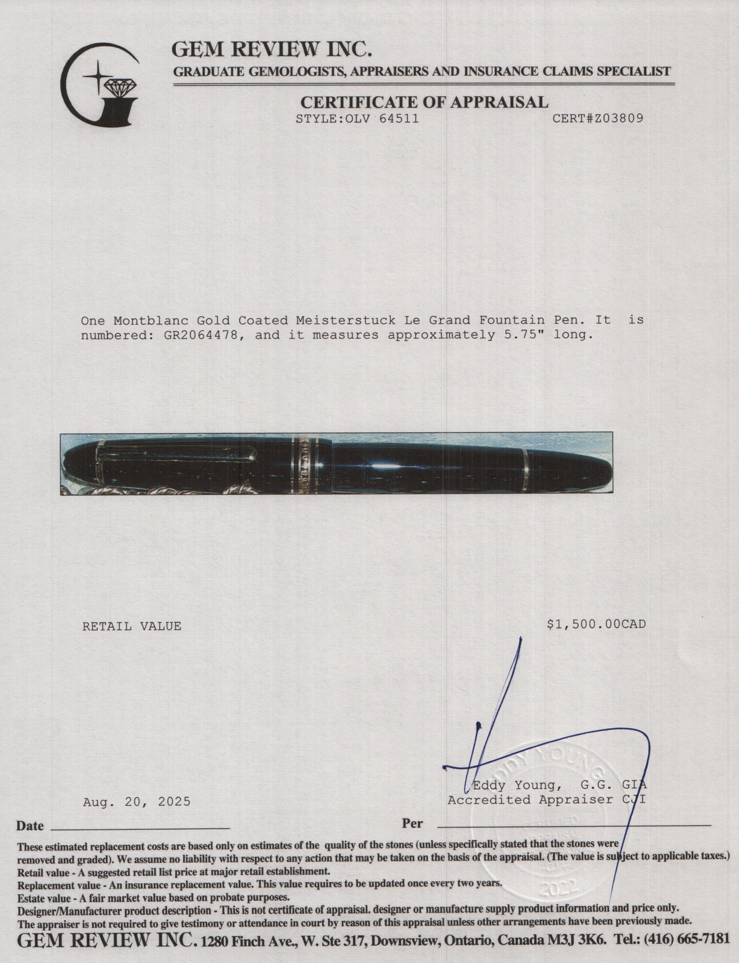 Montblanc Gold Coated Meisterstuck Le Grand Fountain Pen w/ Leather Carry Pouch & Ink Refills