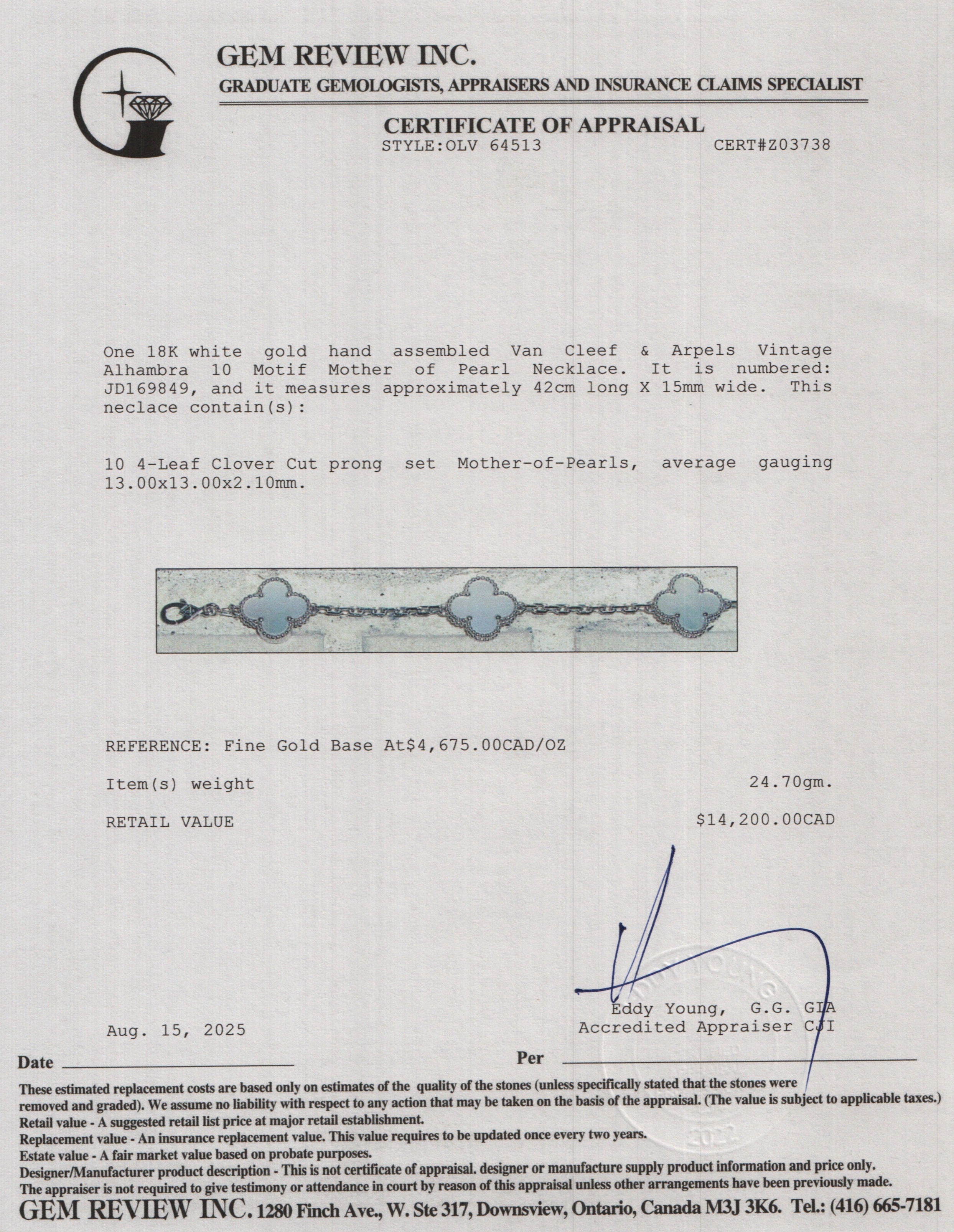 Van Cleef & Arpels 18k White Gold Vintage Alhambra 10 Motif Mother of Pearl Necklace