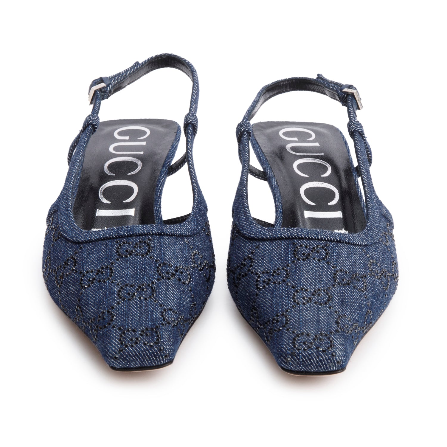 Gucci Blue Denim GG Crystal Slingback Pump, Size 38 w/ Box