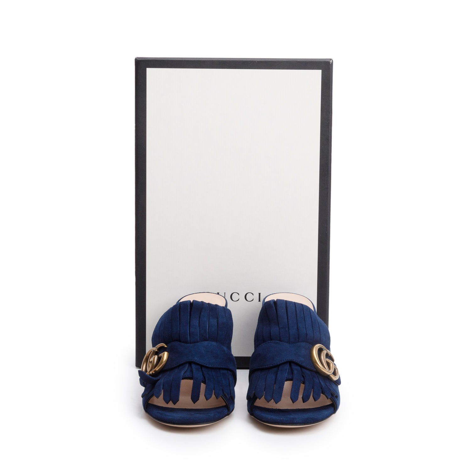 Gucci Blue Suede GG Marmont Fringe Mules, Size 37 w/ Box