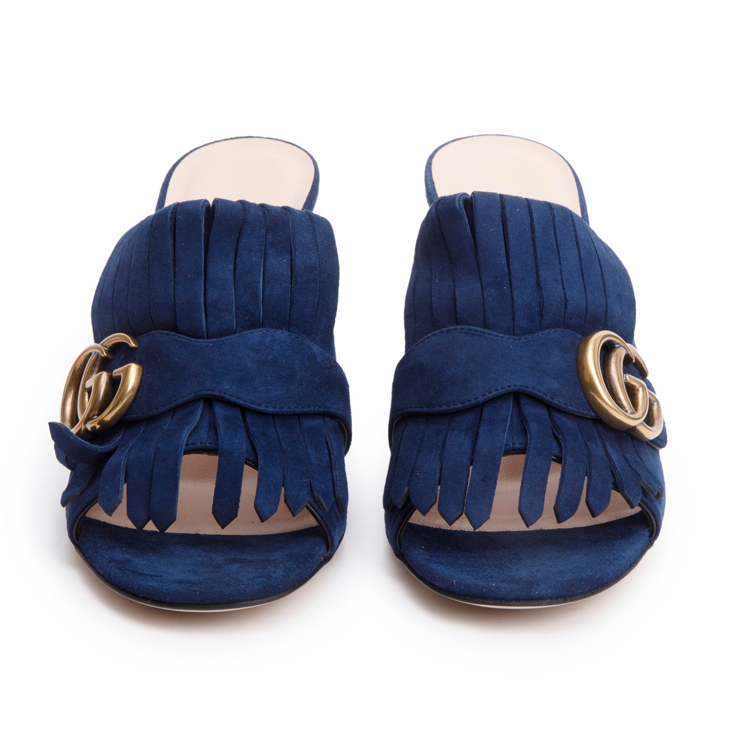 Gucci Blue Suede GG Marmont Fringe Mules, Size 37 w/ Box