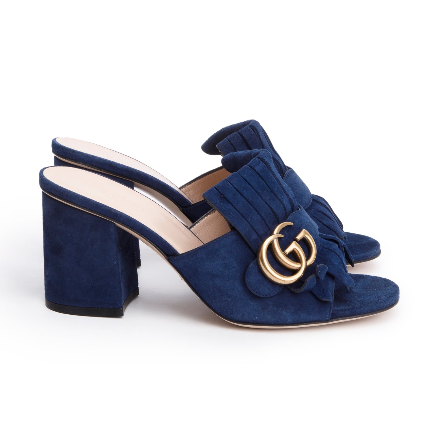 Gucci Blue Suede GG Marmont Fringe Mules, Size 37 w/ Box