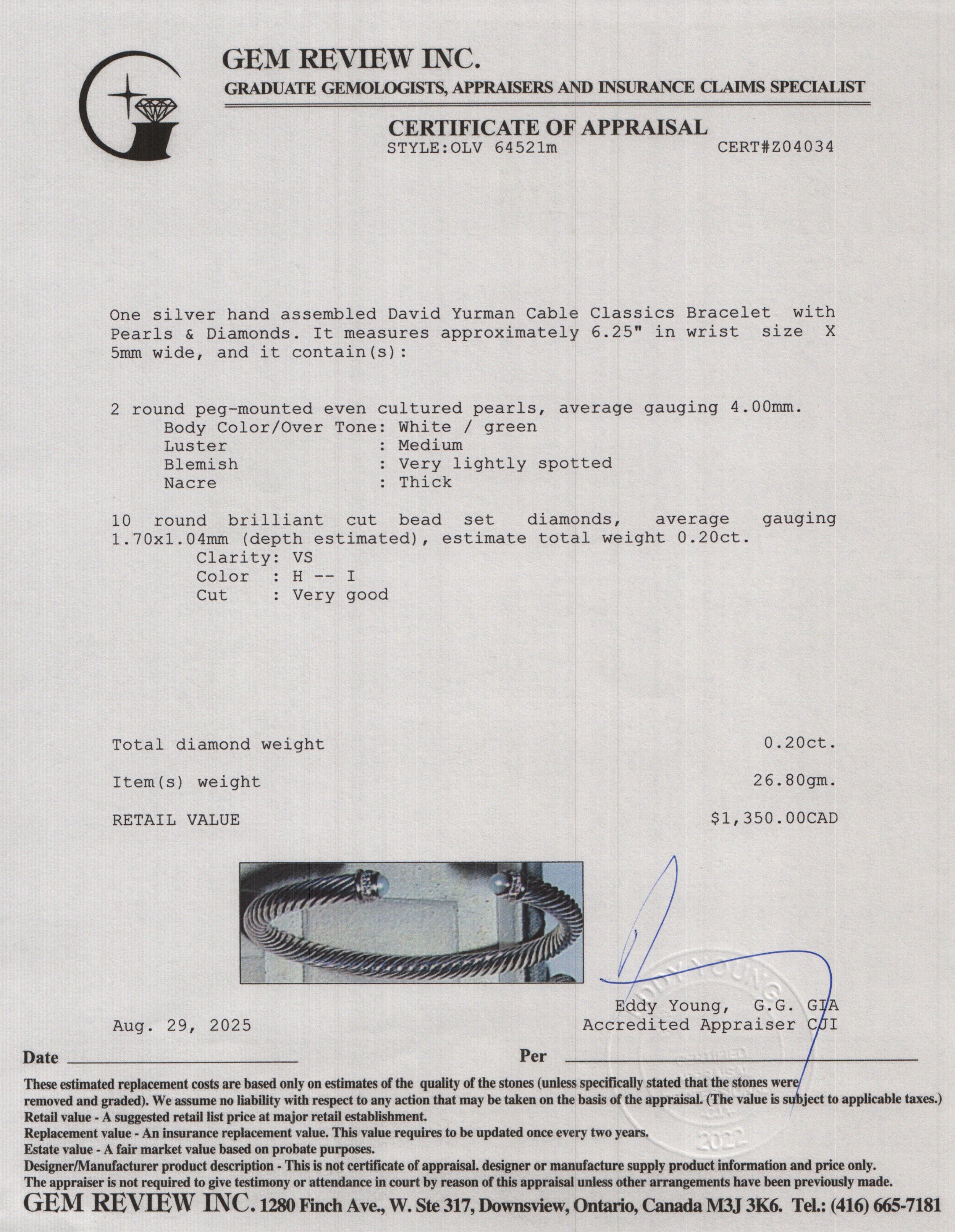 David Yurman Sterling Silver Pearl & Diamond 5 MM Cable Classics Bracelet