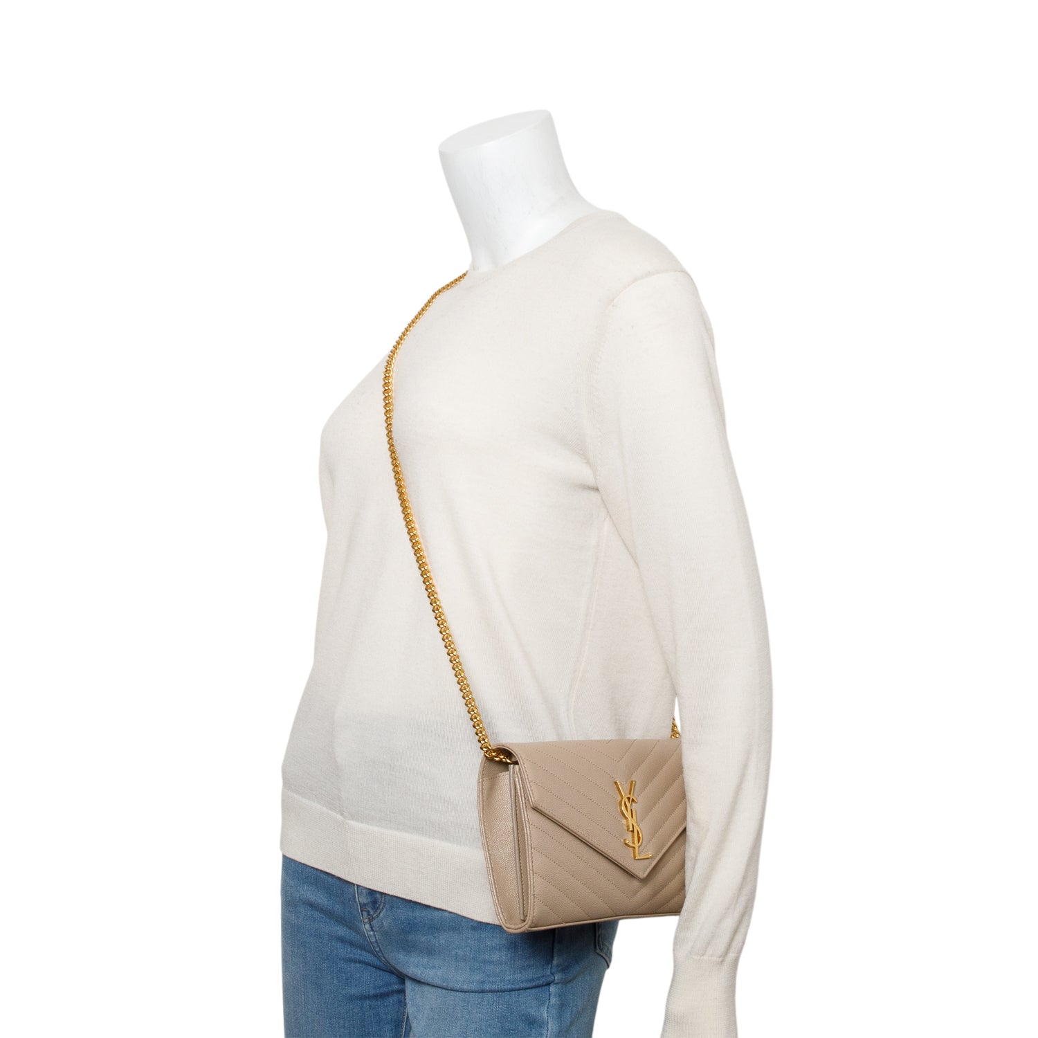 Saint Laurent 2023 Beige Grain De Poudre Leather Cassandre Envelope Chain Wallet w/ Box & Receipt