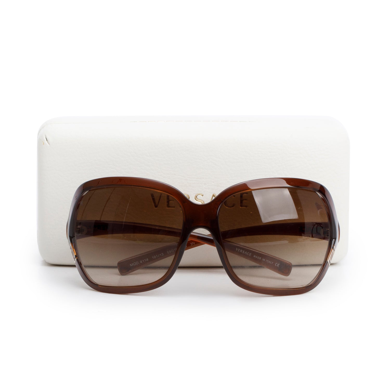 Versace 4114 Brown Acetate Meander Oversized Square Sunglasses w/ Case
