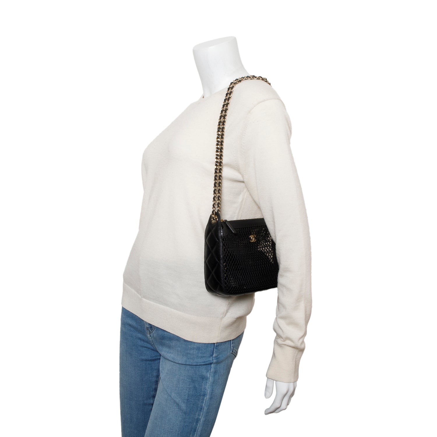 Chanel 2025 Black Mesh Shiny Lambskin Clutch Chain Bag w/ Pouch & Box