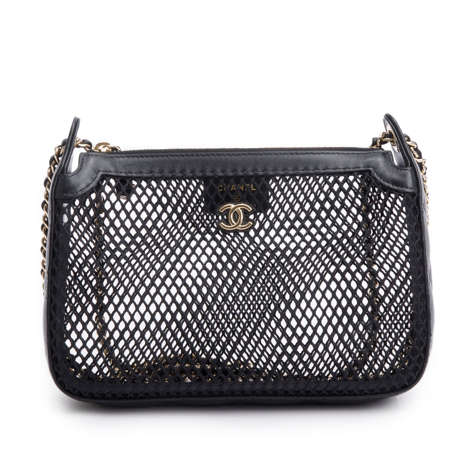 Chanel 2025 Black Mesh Shiny Lambskin Clutch Chain Bag w/ Pouch & Box