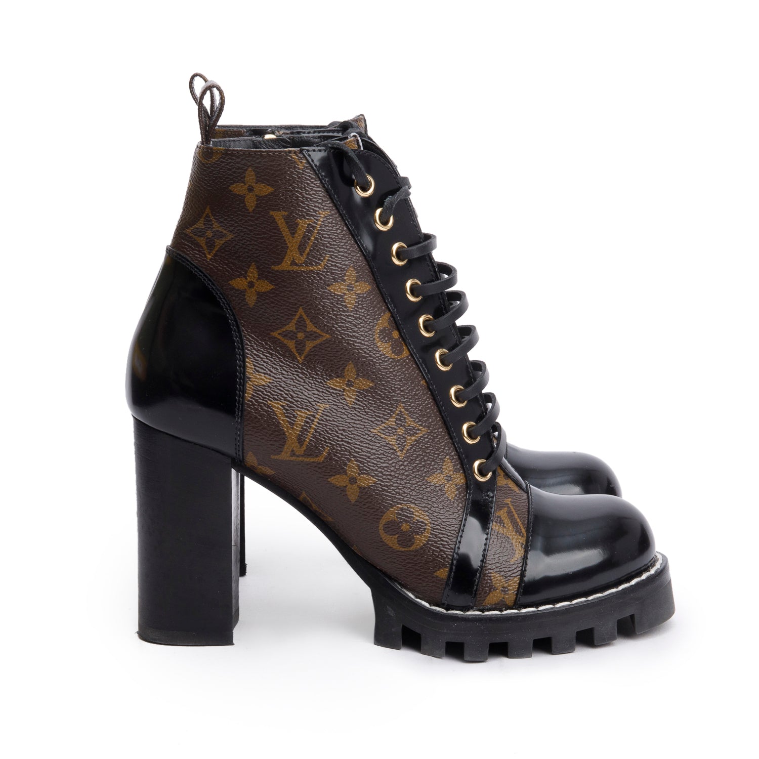 Louis Vuitton Black Patent Leather Monogram Trim Star Trail Ankle Boots, Size 38